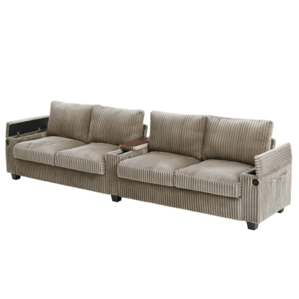 4-Seater Modern Corduroy Sofa Couch with USB Ports, Hidden Storage, and Flip-Top Cup Holders