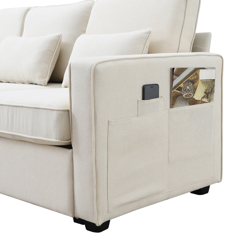 4-Seater Modern Linen Fabric Sofa with Armrest Pockets and 4 Pillows