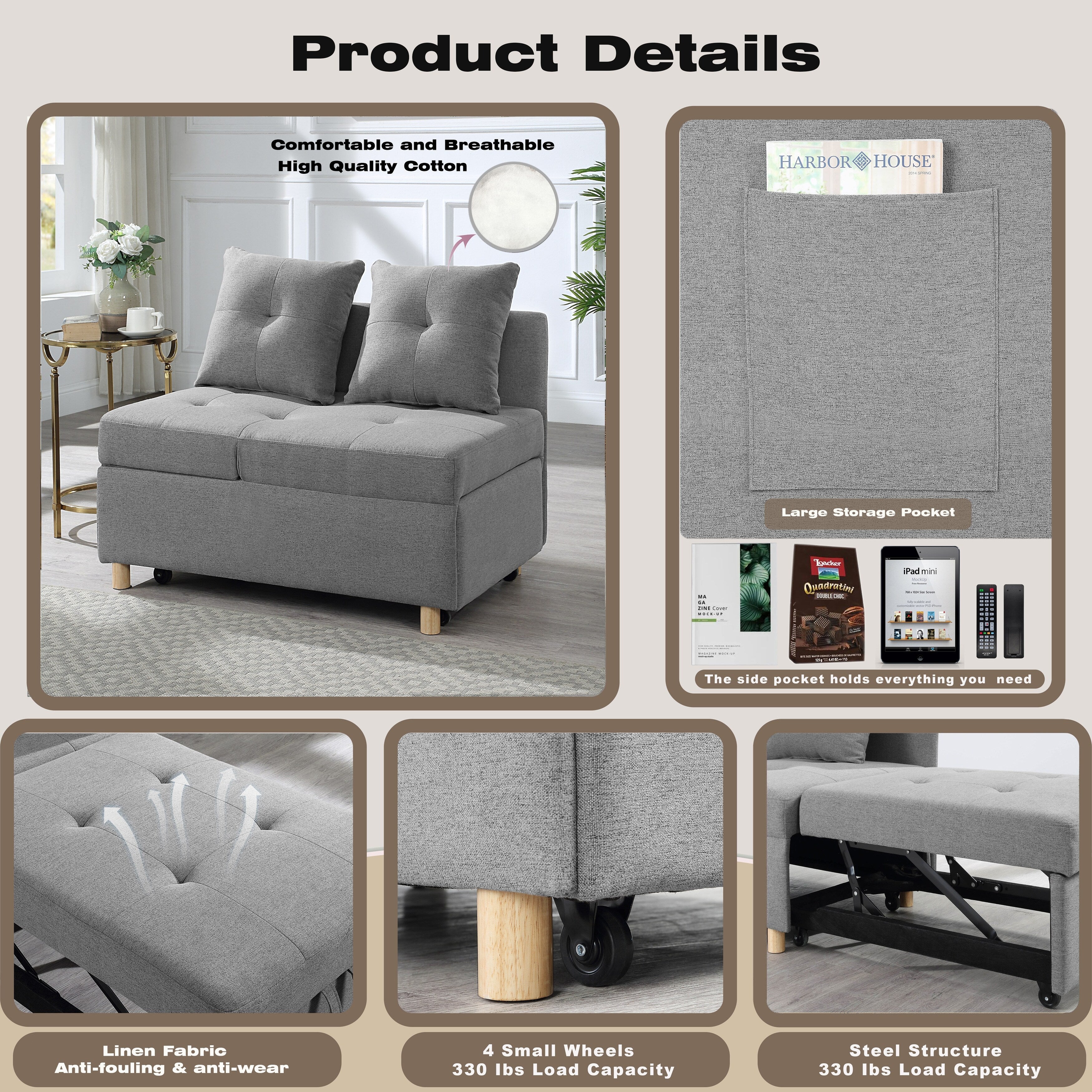 4-in-1 Single Convertible Sofa Bed with Adjustable Back