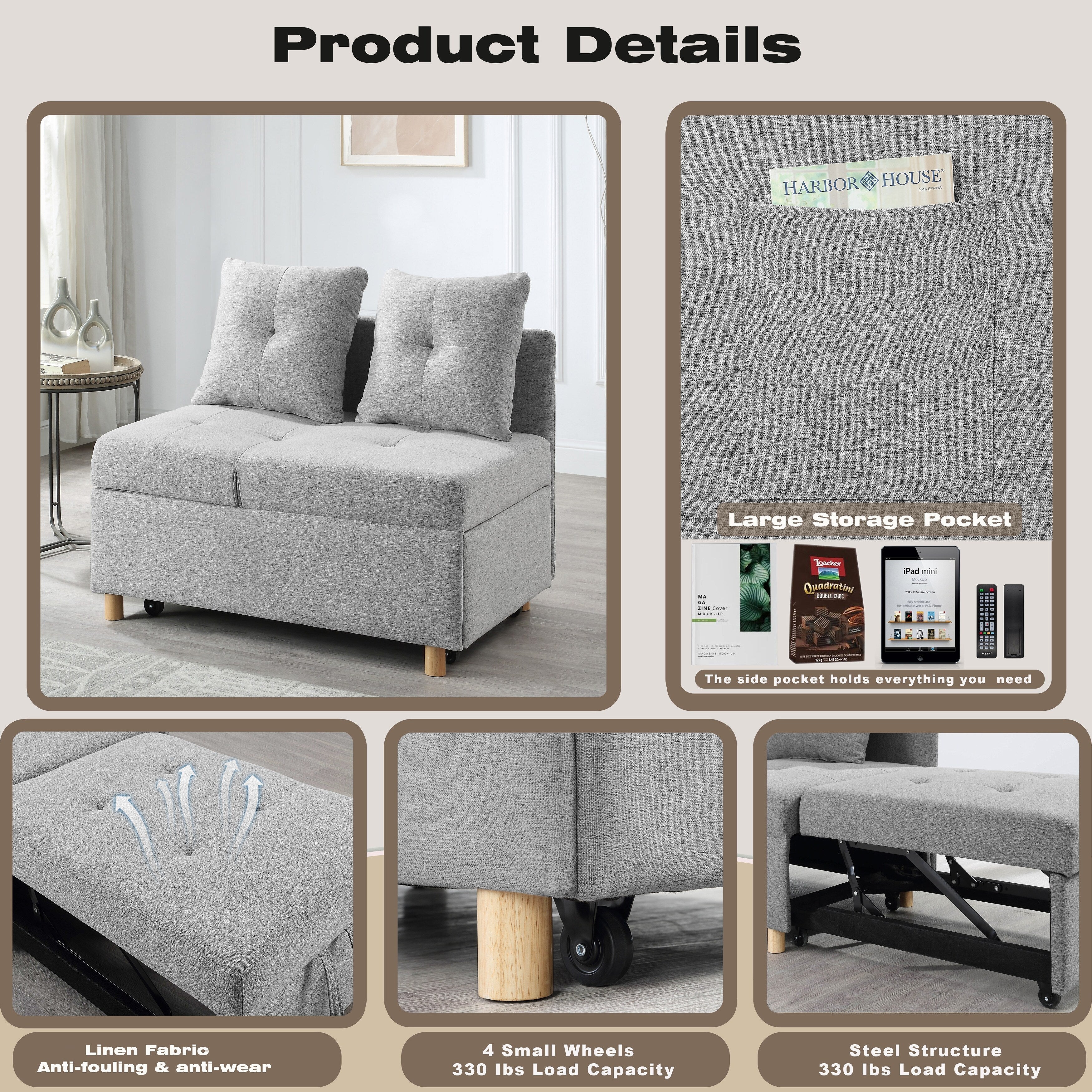 4-in-1 Single Convertible Sofa Bed with Adjustable Back