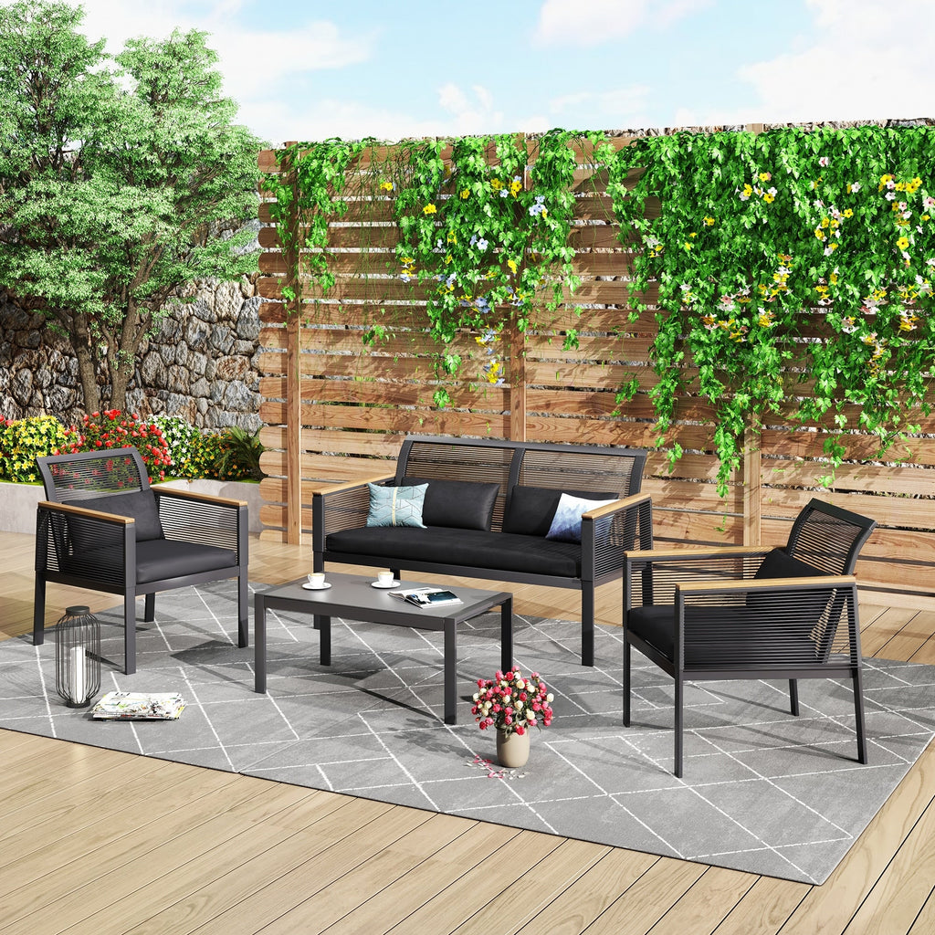 4-pc. Black Wicker Cord Patio Conversation Set