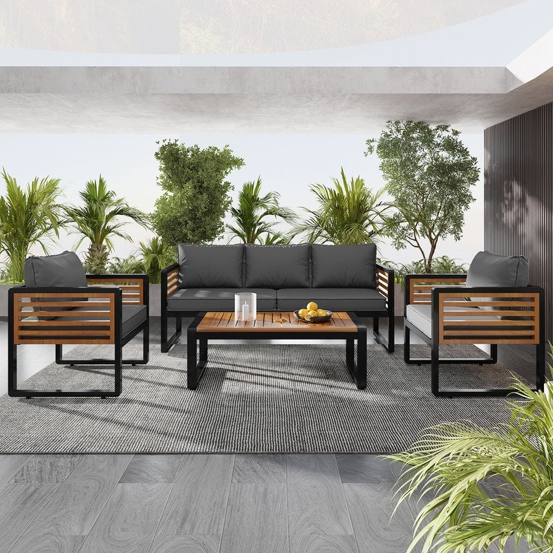 4-pieces Outdoor Furniture Conversation Set, Garden Sofa Set With Removable Cushion
