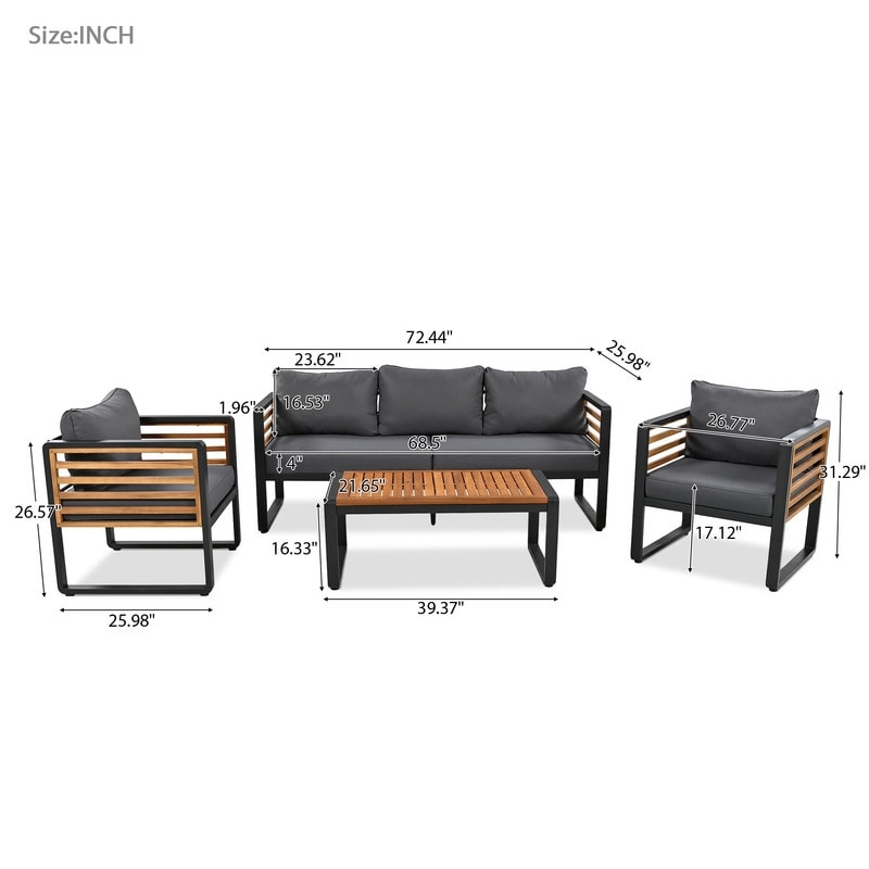 4-pieces Outdoor Furniture Conversation Set, Garden Sofa Set With Removable Cushion