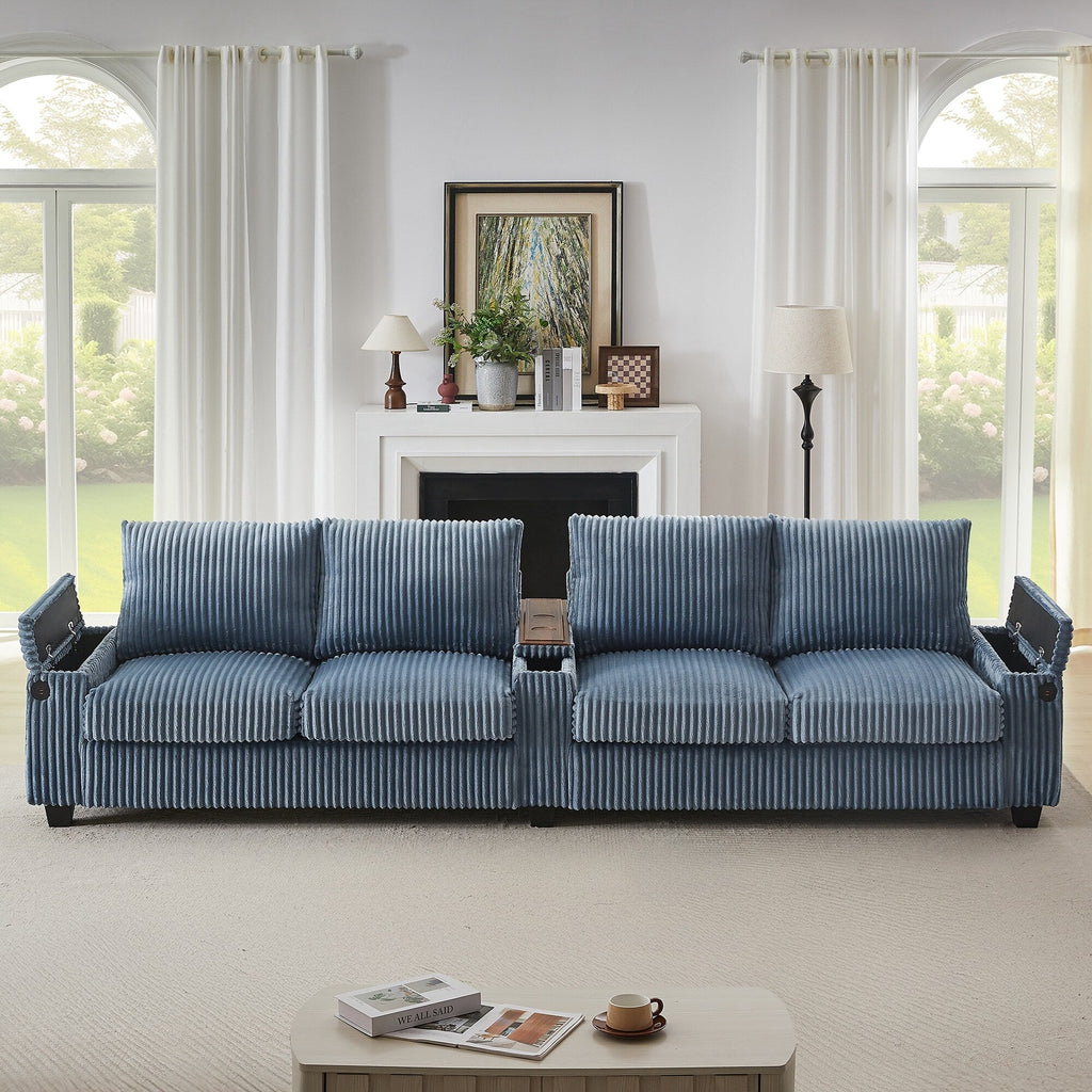 4-seater Corduroy Sofa Couch 133 Modern Sofa with USB Ports, Hidden Storage Arms, Flip-Top Cup Holders for Living Room