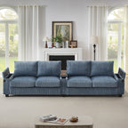 4-seater Corduroy Sofa Couch 133 Modern Sofa with USB Ports, Hidden Storage Arms, Flip-Top Cup Holders for Living Room