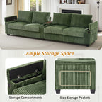 4-seater Corduroy Sofa Couch 133 Modern Sofa with USB Ports, Hidden Storage Arms, Flip-Top Cup Holders for Living Room