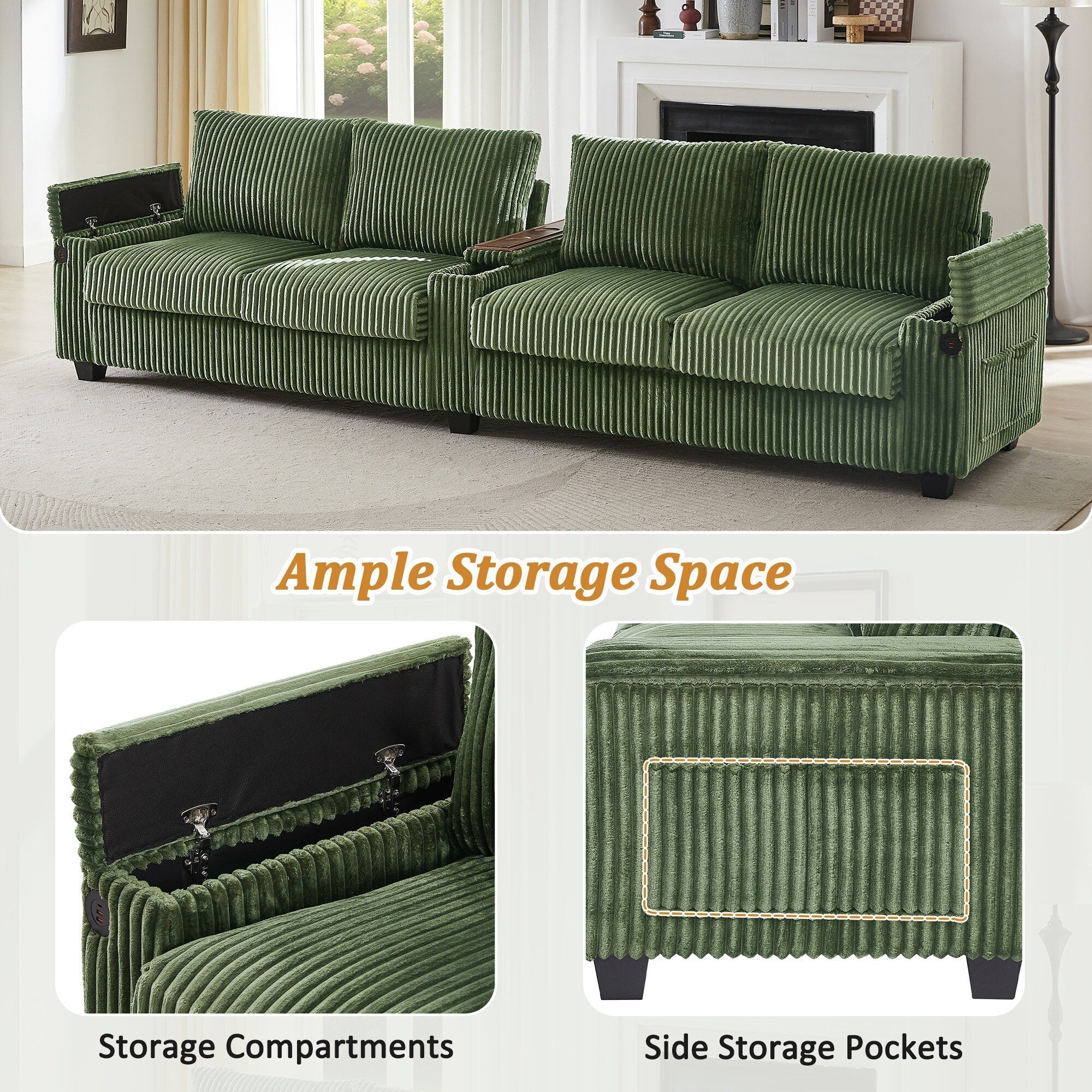 4-seater Corduroy Sofa Couch 133 Modern Sofa with USB Ports, Hidden Storage Arms, Flip-Top Cup Holders for Living Room