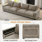 4-seater Corduroy Sofa Couch 133 Modern Sofa with USB Ports, Hidden Storage Arms, Flip-Top Cup Holders for Living Room