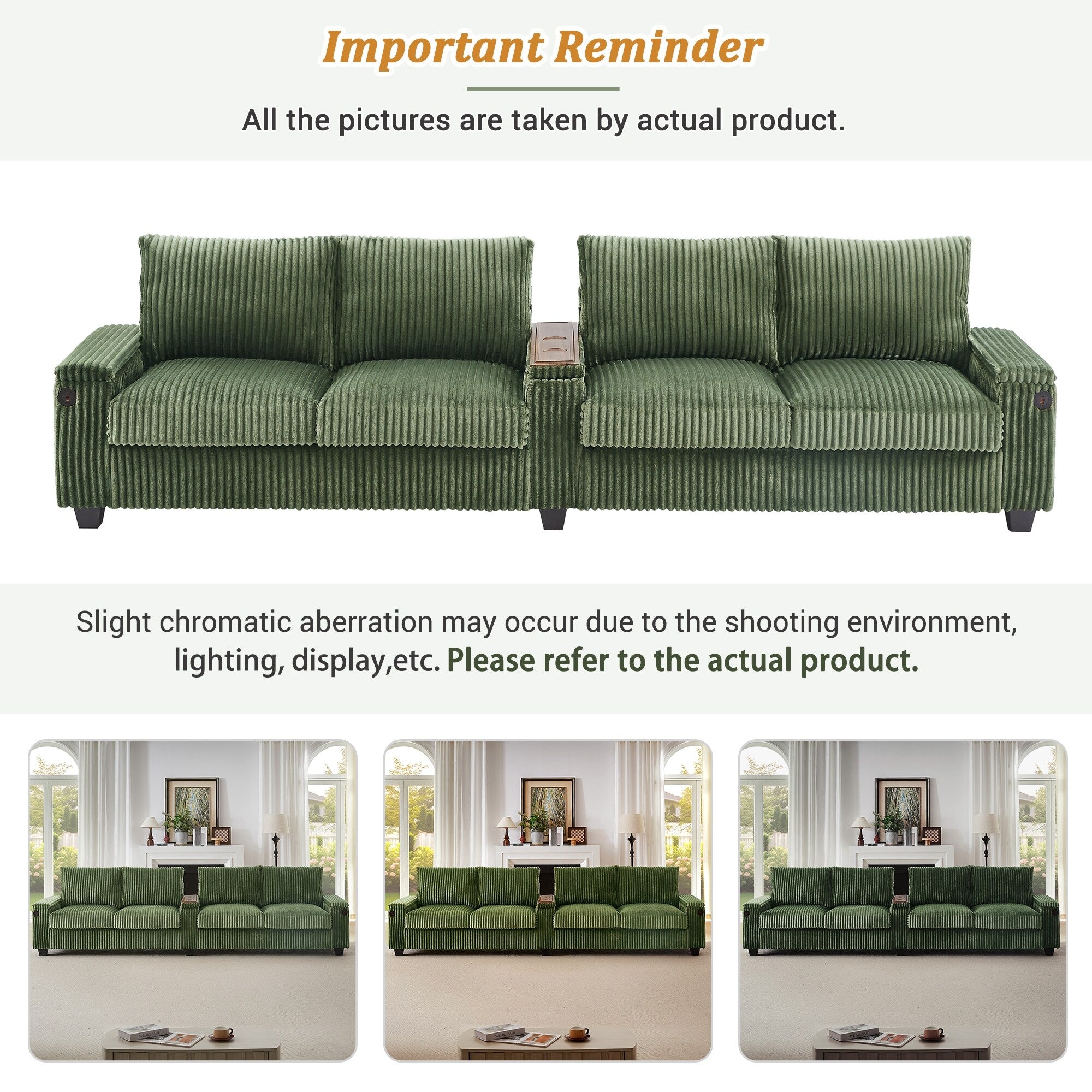 4-seater Corduroy Sofa Couch 133 Modern Sofa with USB Ports, Hidden Storage Arms, Flip-Top Cup Holders for Living Room