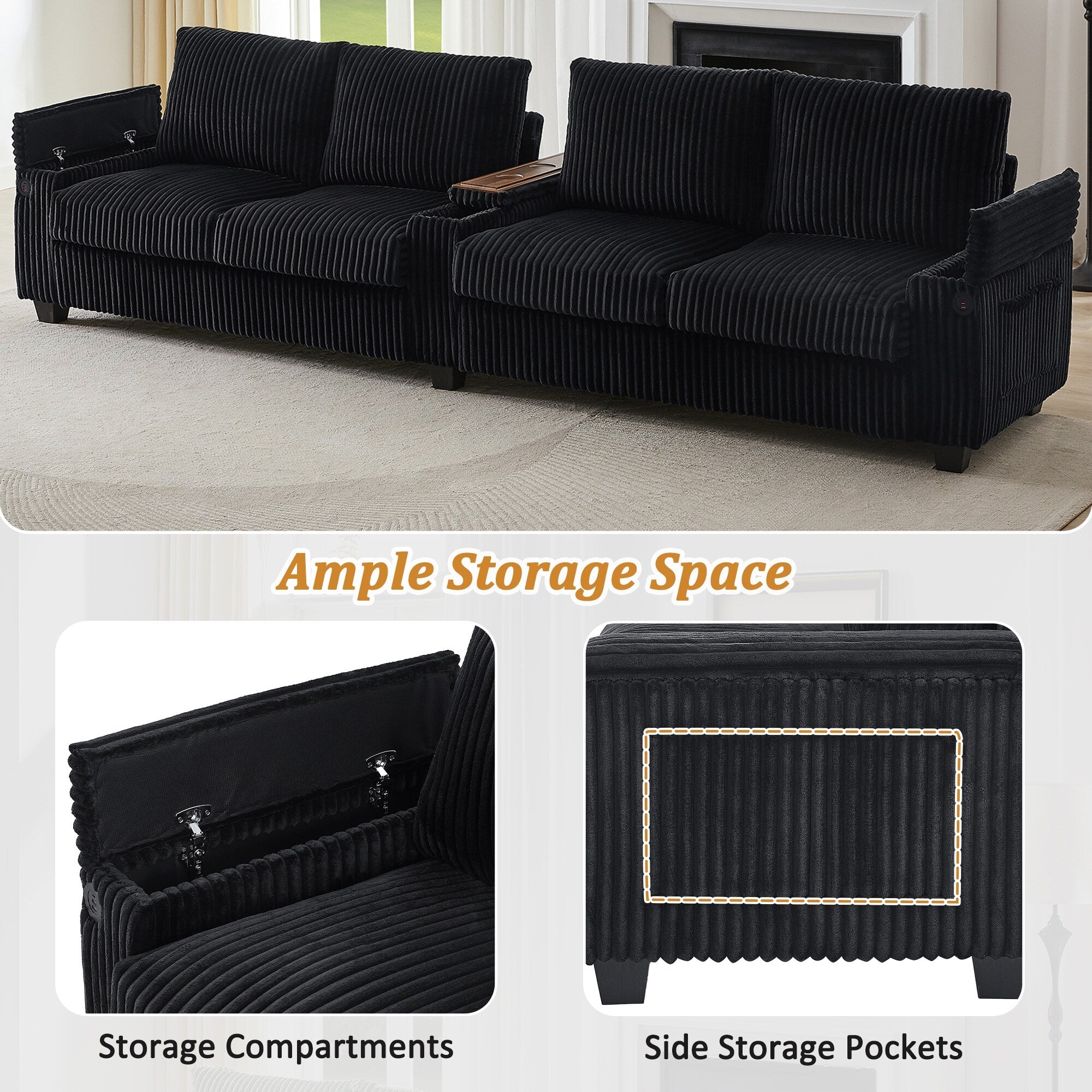 4-seater Corduroy Sofa Couch 133 Modern Sofa with USB Ports, Hidden Storage Arms, Flip-Top Cup Holders for Living Room