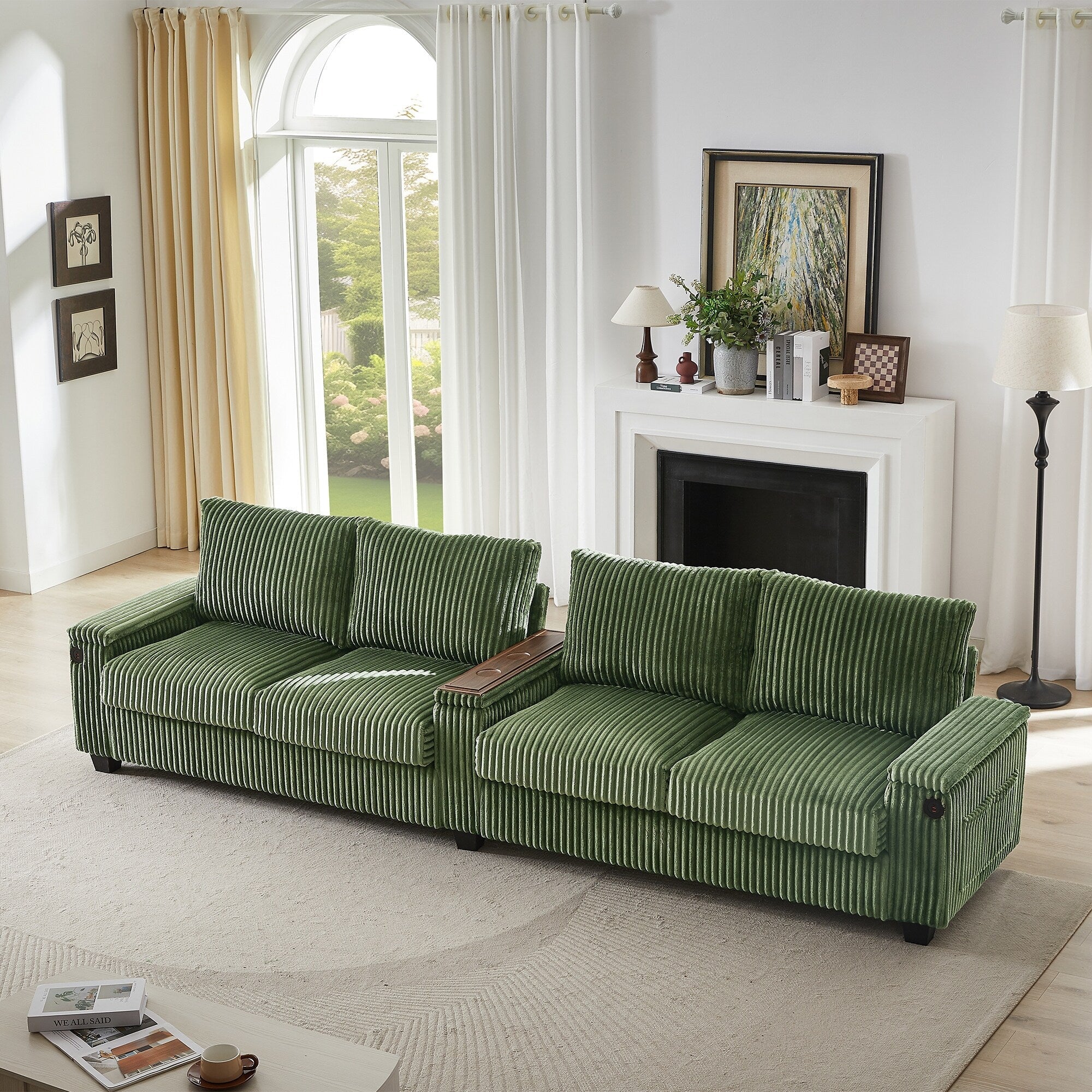 4-seater Corduroy Sofa Couch 133 Modern Sofa with USB Ports, Hidden Storage Arms, Flip-Top Cup Holders for Living Room