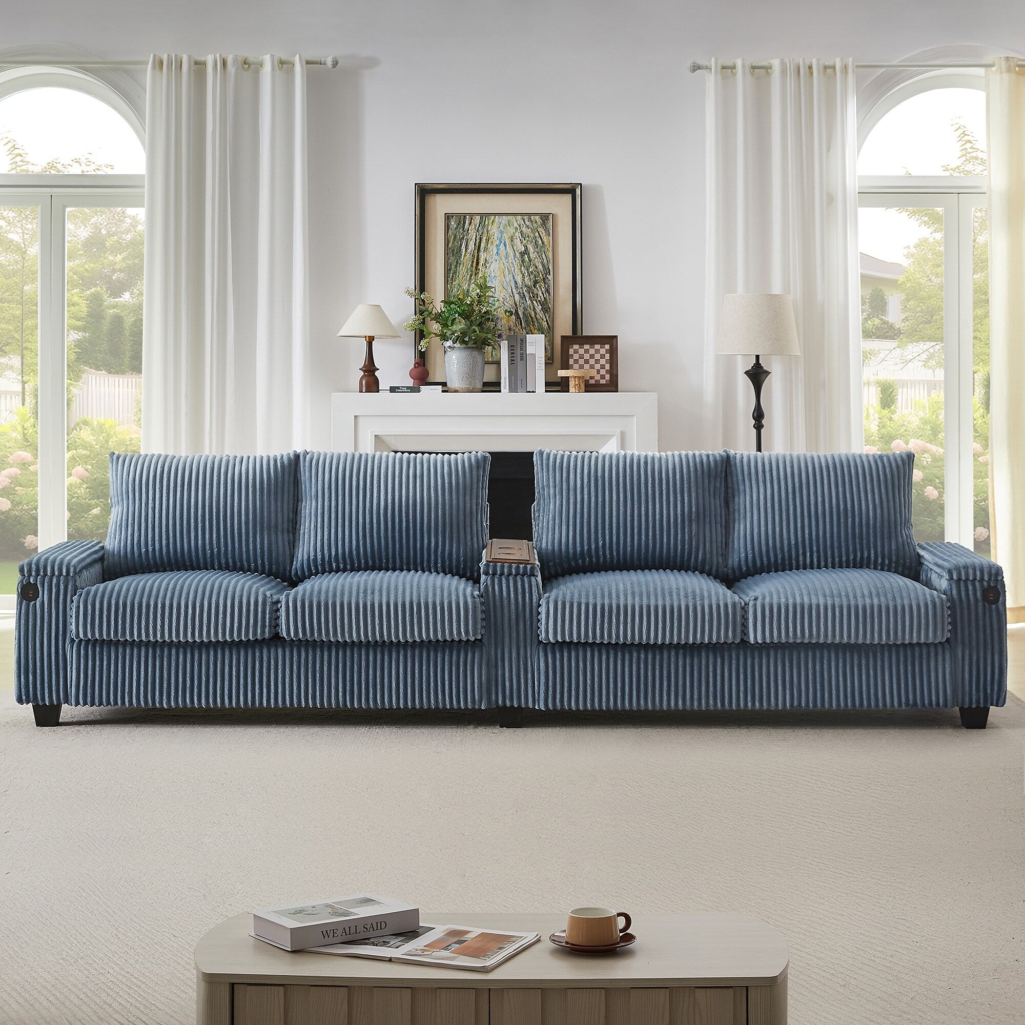 4-seater Corduroy Sofa Couch 133 Modern Sofa with USB Ports, Hidden Storage Arms, Flip-Top Cup Holders for Living Room