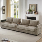 4-seater Corduroy Sofa Couch 133 Modern Sofa with USB Ports, Hidden Storage Arms, Flip-Top Cup Holders for Living Room