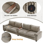 4-seater Corduroy Sofa Couch 133 Modern Sofa with USB Ports, Hidden Storage Arms, Flip-Top Cup Holders for Living Room