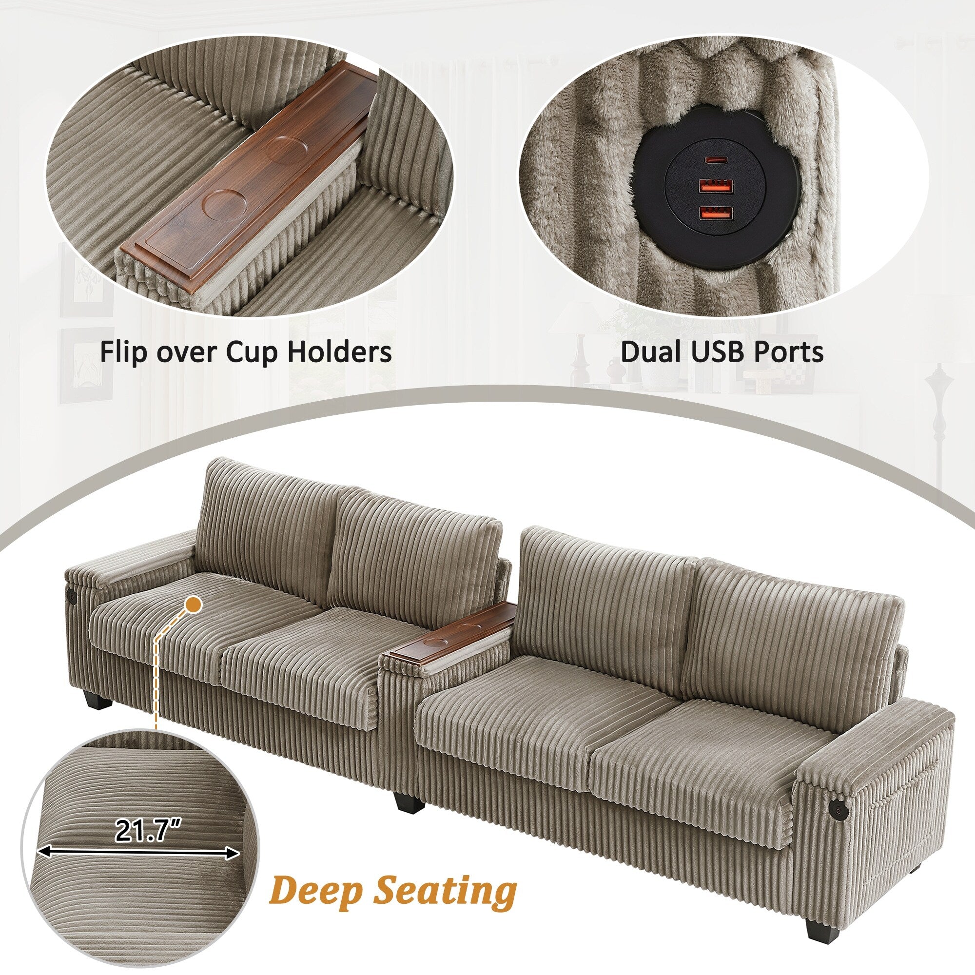 4-seater Corduroy Sofa Couch 133 Modern Sofa with USB Ports, Hidden Storage Arms, Flip-Top Cup Holders for Living Room