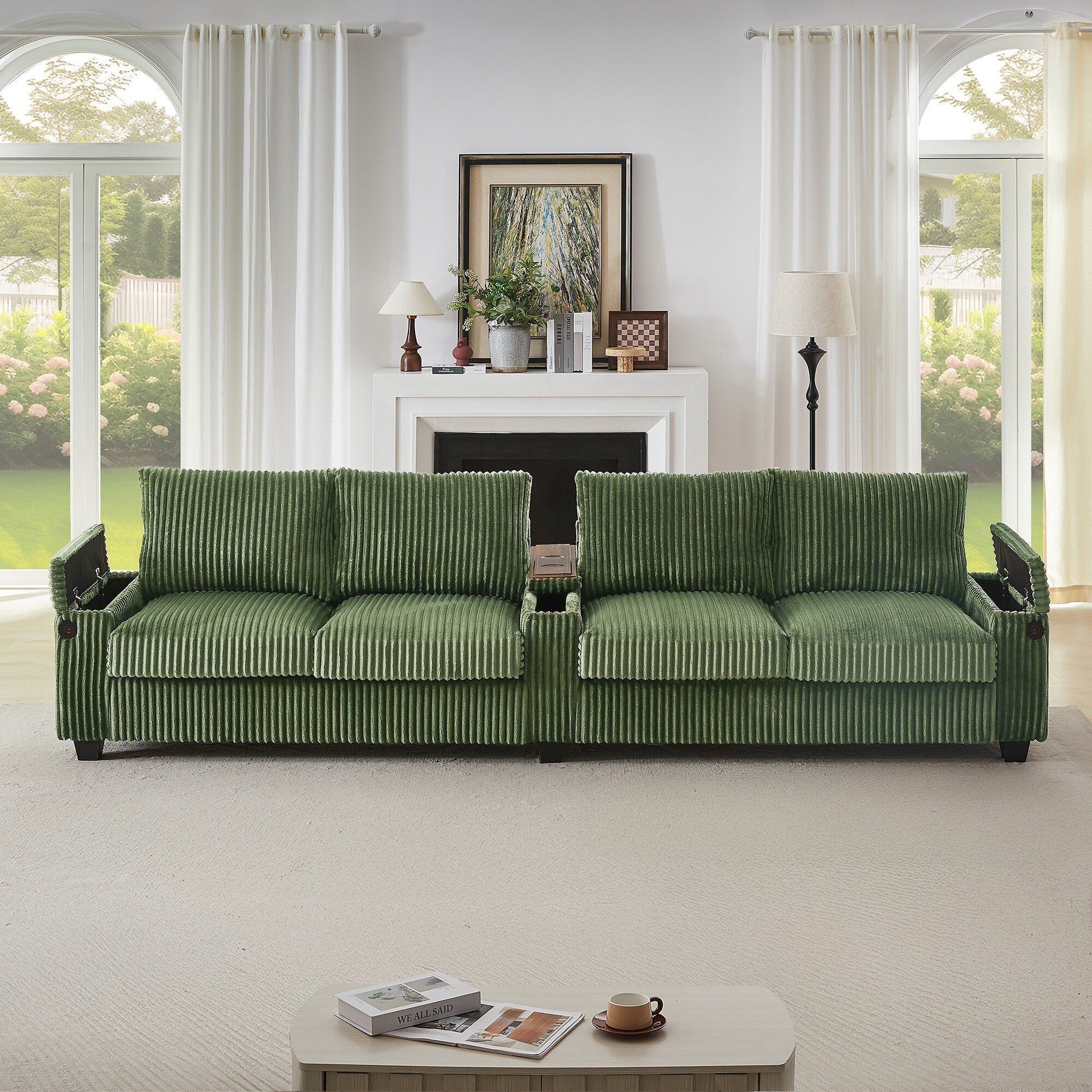 4-seater Corduroy Sofa Couch 133 Modern Sofa with USB Ports, Hidden Storage Arms, Flip-Top Cup Holders for Living Room