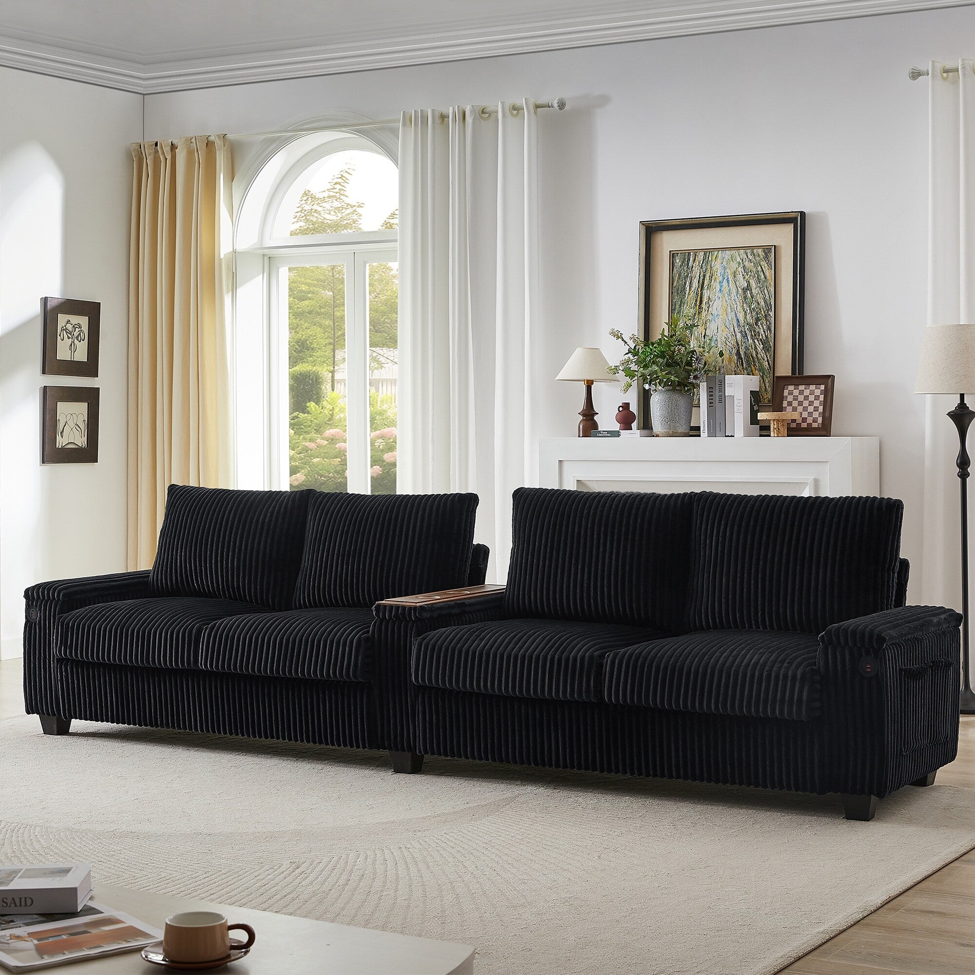 4-seater Corduroy Sofa Couch 133 Modern Sofa with USB Ports, Hidden Storage Arms, Flip-Top Cup Holders for Living Room