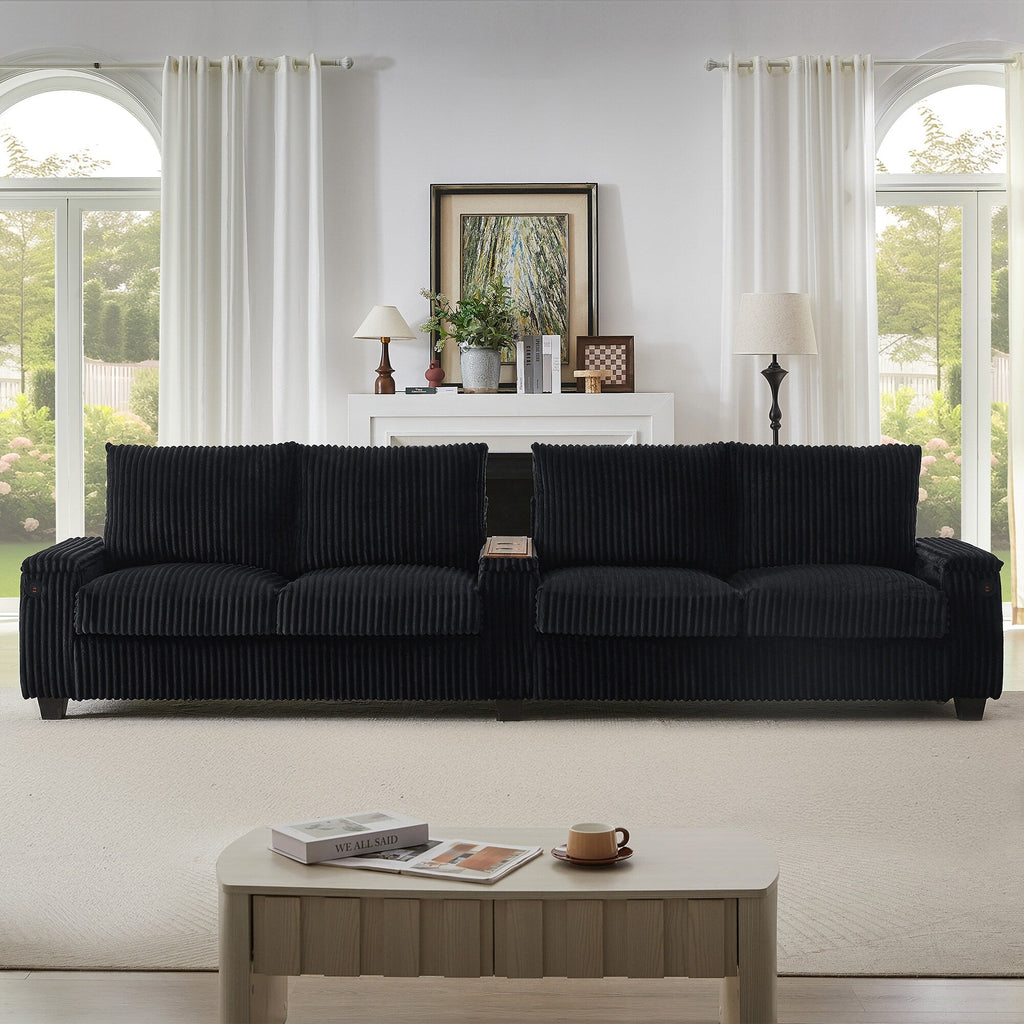 4-seater Corduroy Sofa Couch 133 Modern Sofa with USB Ports, Hidden Storage Arms, Flip-Top Cup Holders for Living Room
