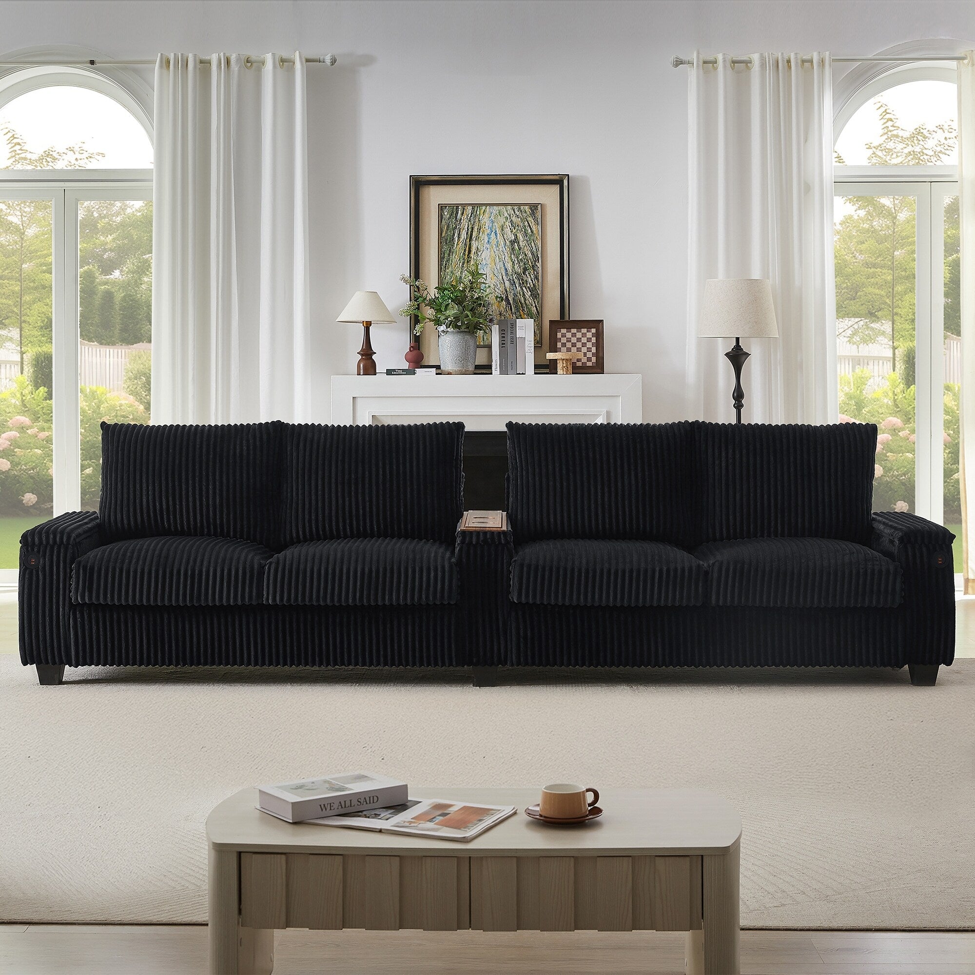 4-seater Corduroy Sofa Couch 133 Modern Sofa with USB Ports, Hidden Storage Arms, Flip-Top Cup Holders for Living Room