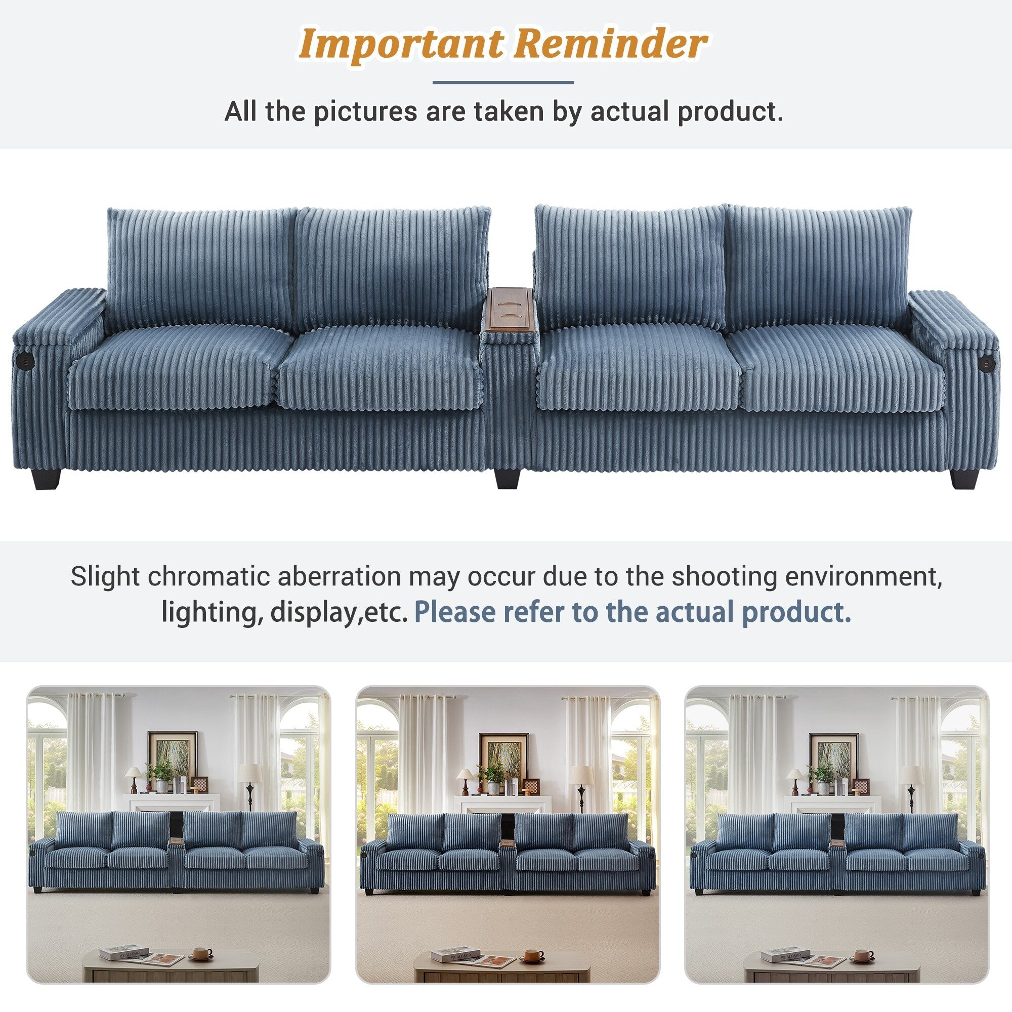 4-seater Corduroy Sofa Couch 133 Modern Sofa with USB Ports, Hidden Storage Arms, Flip-Top Cup Holders for Living Room