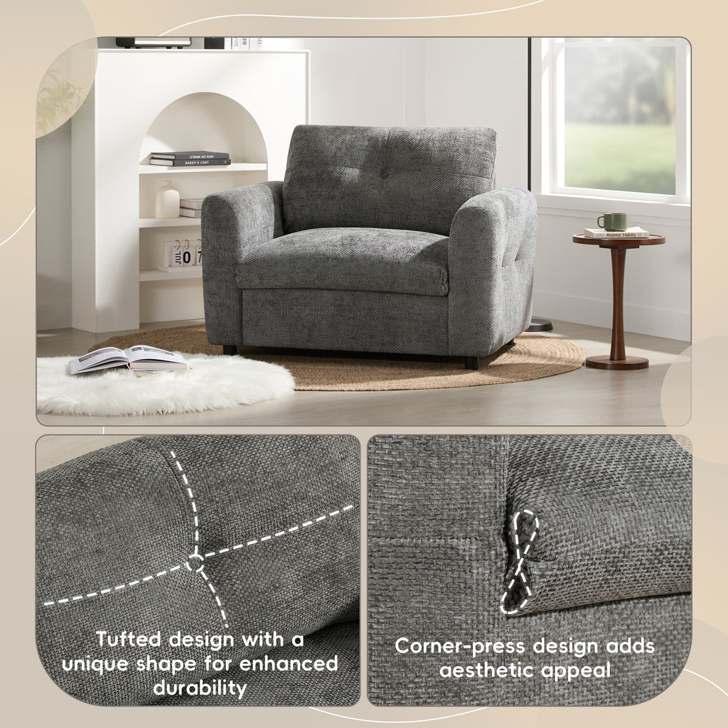 42*33 Single Sofa, Armchair with Wide Seat, Dual-port Charger, Pull-line & Tufted Design, High-density Foam