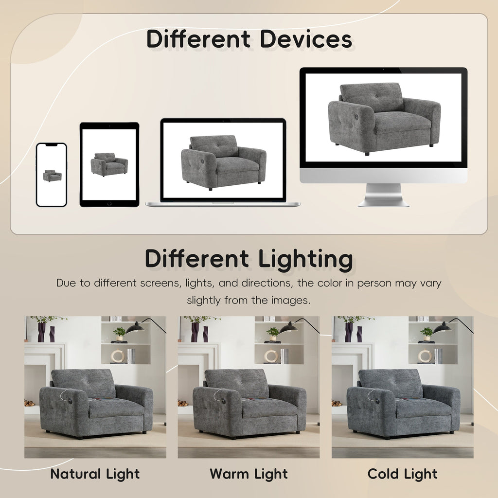 42*33 Single Sofa, Armchair with Wide Seat, Dual-port Charger, Pull-line & Tufted Design, High-density Foam