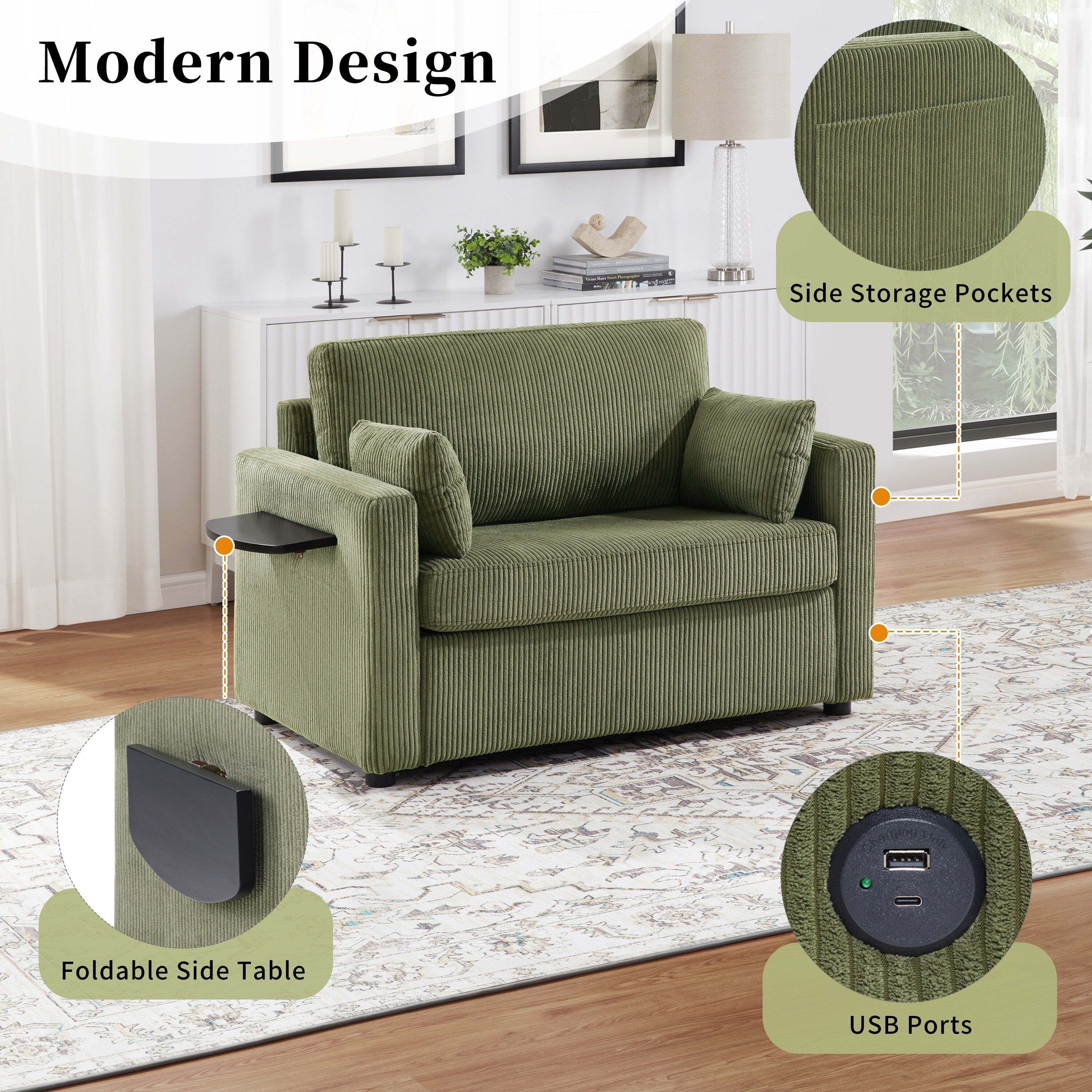 47.2 Corduroy Twin Sleeper Sofa with Foldable Mattress, Side Table, USB Ports, and Storage Pocket