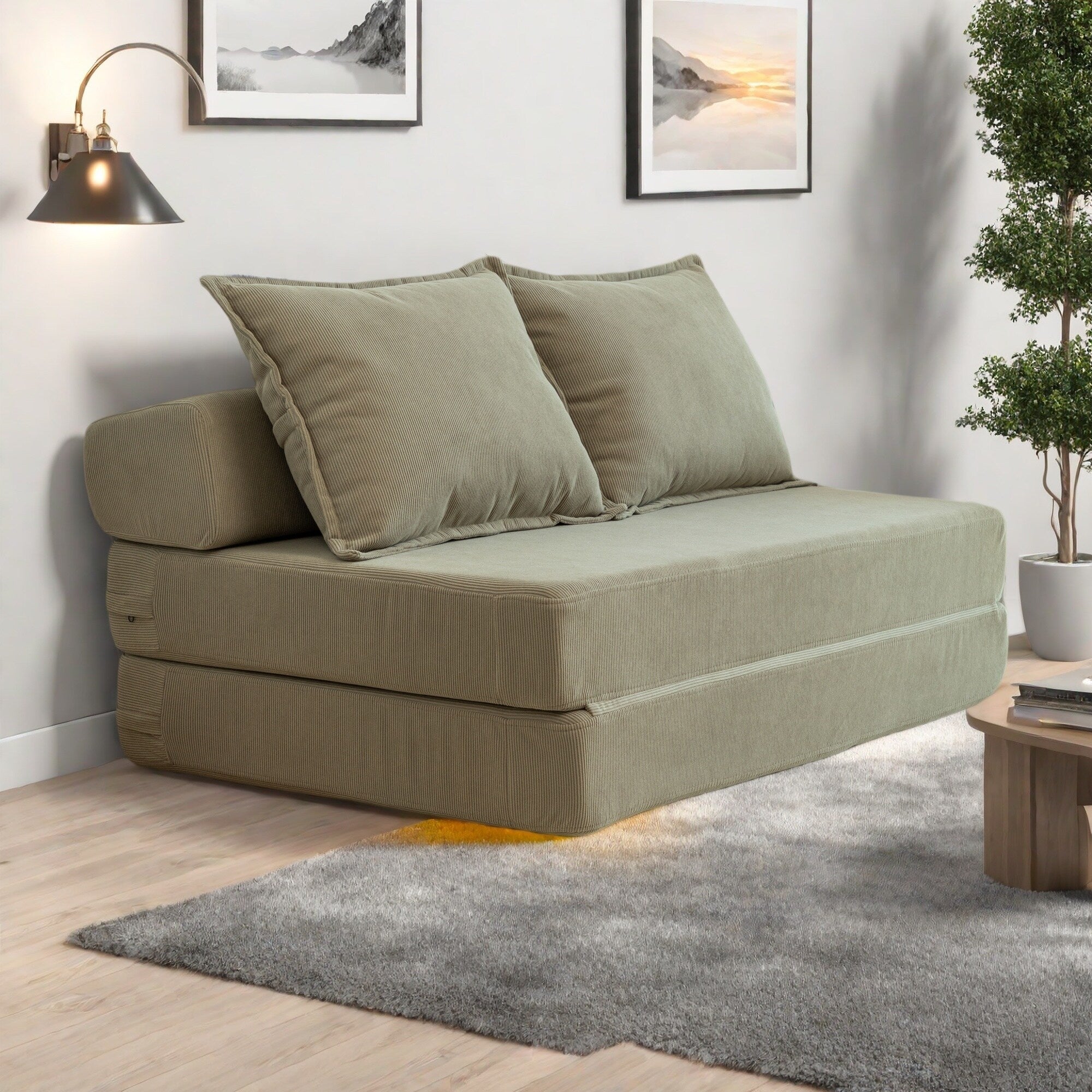 47.63 Corduroy 2-Seater Sleeper Sofa with Pillow Floor Mattress Floor Couch with Backrest for Living Room