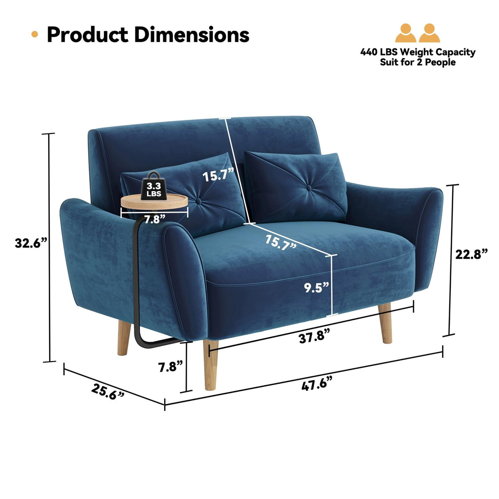 47.6 Wood 2-Seat Sofa with Convertible Tray and Curved Armrests - Compact Luxury Seating for Small Spaces