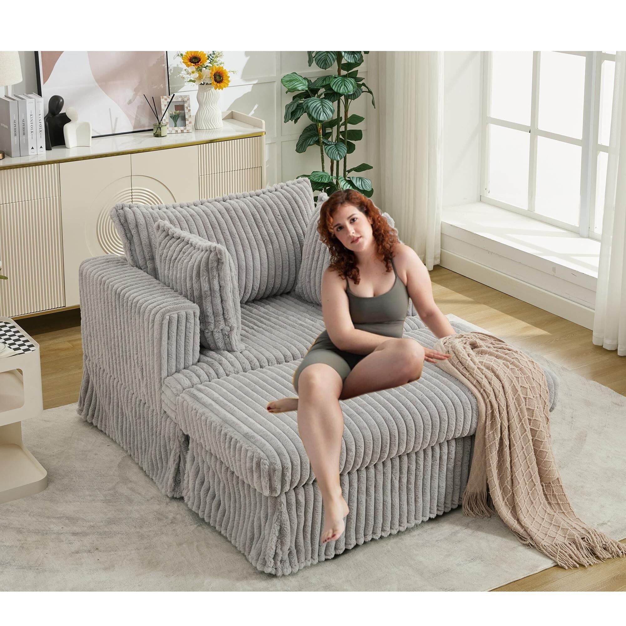 47.7 Oversized Corduroy Chaise Longue with Ottoman