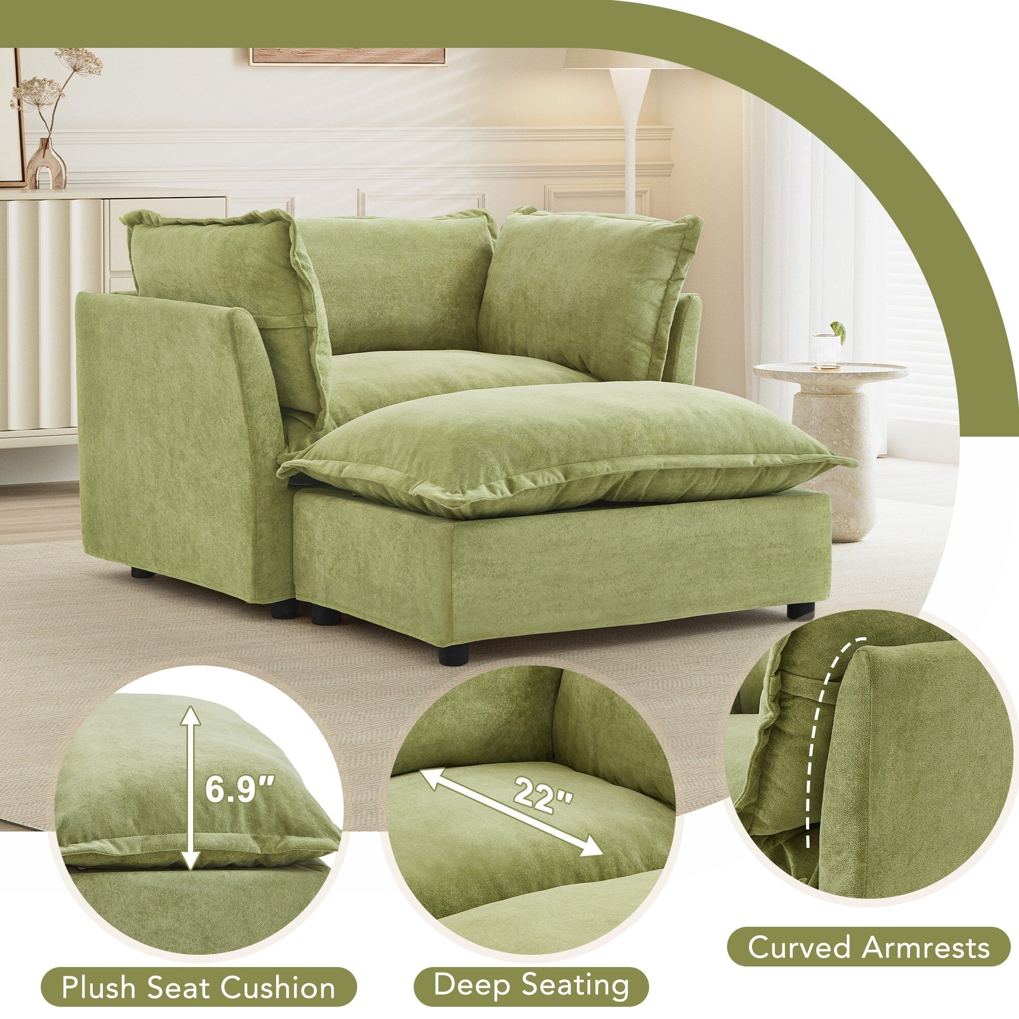 47 Modern Armchair Sofa with Ottoman - Upholstered Lounge Chair, Wide Seat, Curved Armrests & Soft Pillows for Living Room