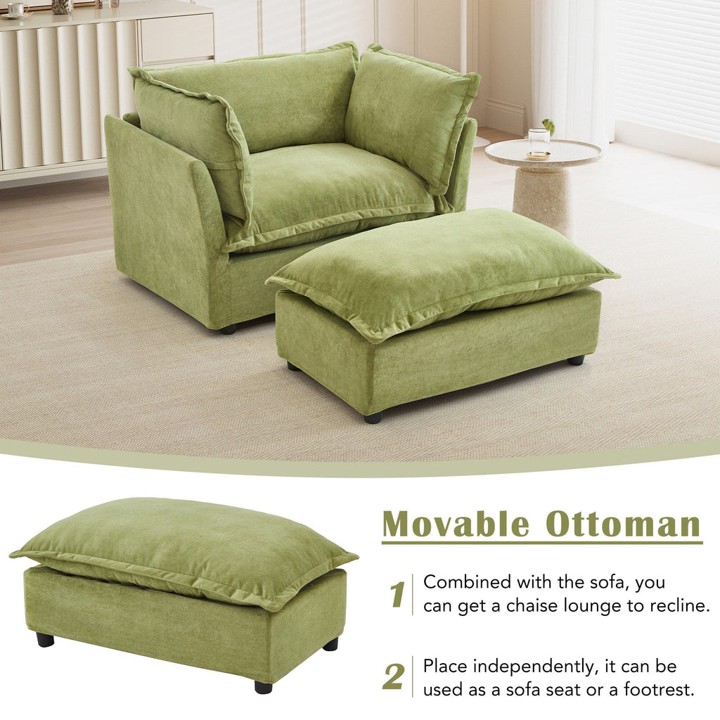 47 Modern Armchair Sofa with Ottoman - Upholstered Lounge Chair, Wide Seat, Curved Armrests & Soft Pillows for Living Room