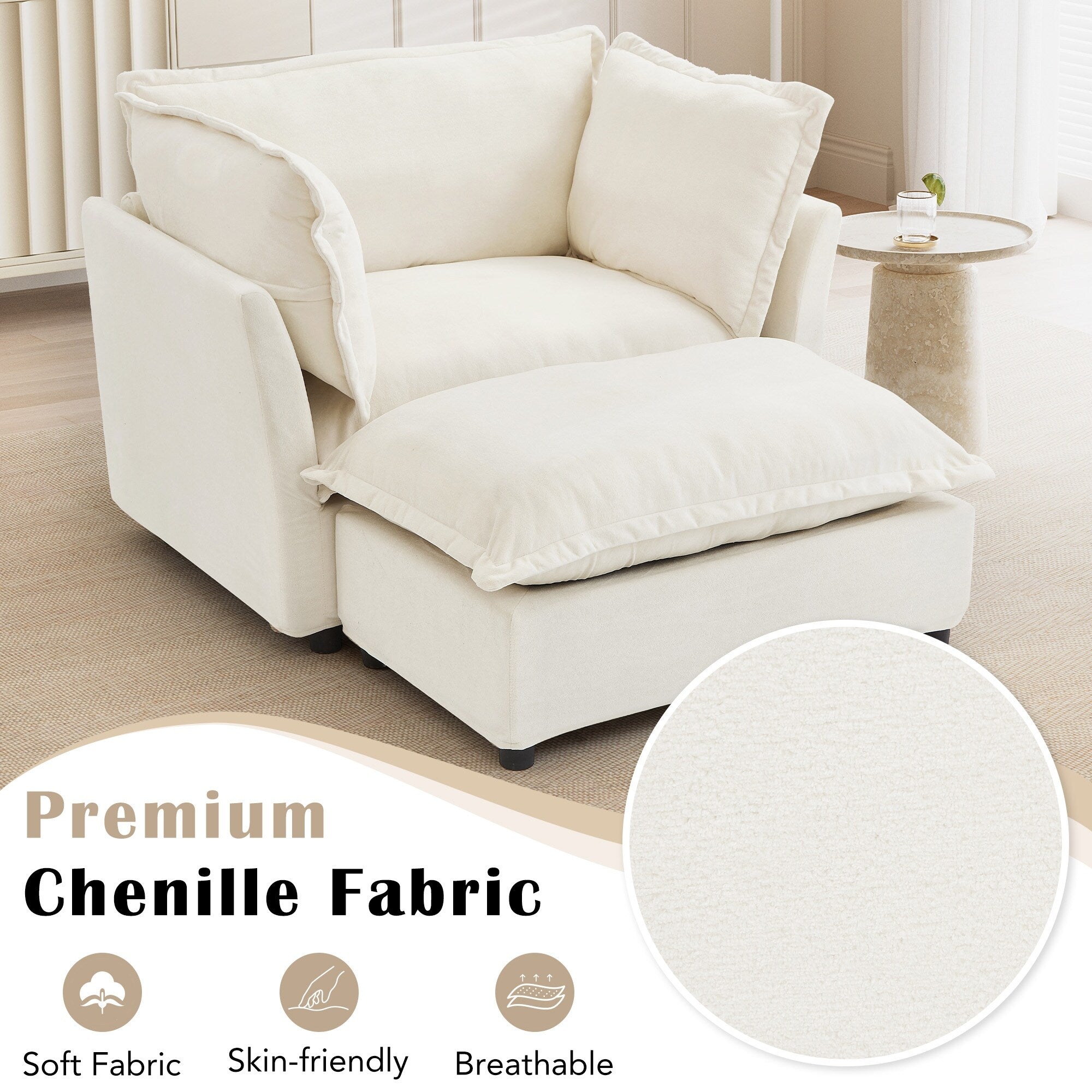 47 Modern Armchair Sofa with Ottoman - Upholstered Lounge Chair, Wide Seat, Curved Armrests & Soft Pillows for Living Room