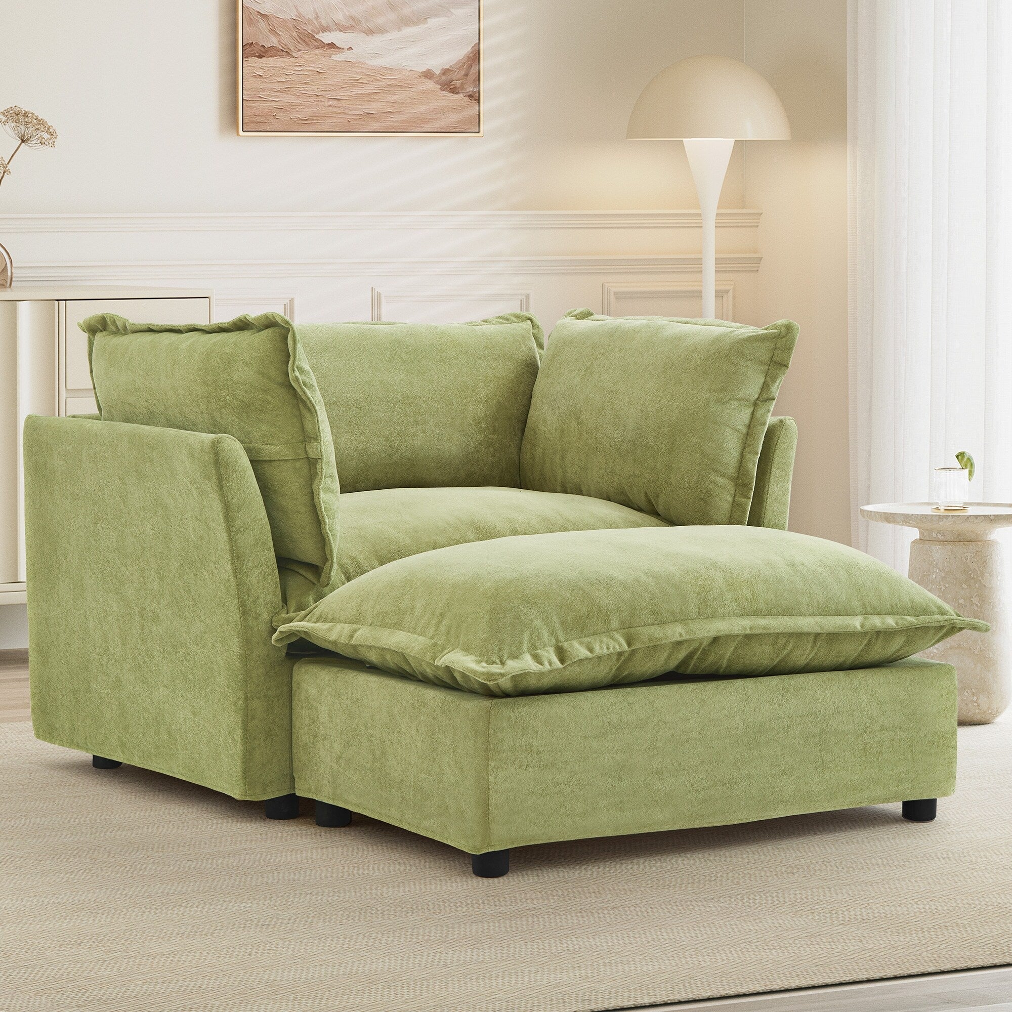 47 Modern Armchair Sofa with Ottoman - Upholstered Lounge Chair, Wide Seat, Curved Armrests & Soft Pillows for Living Room