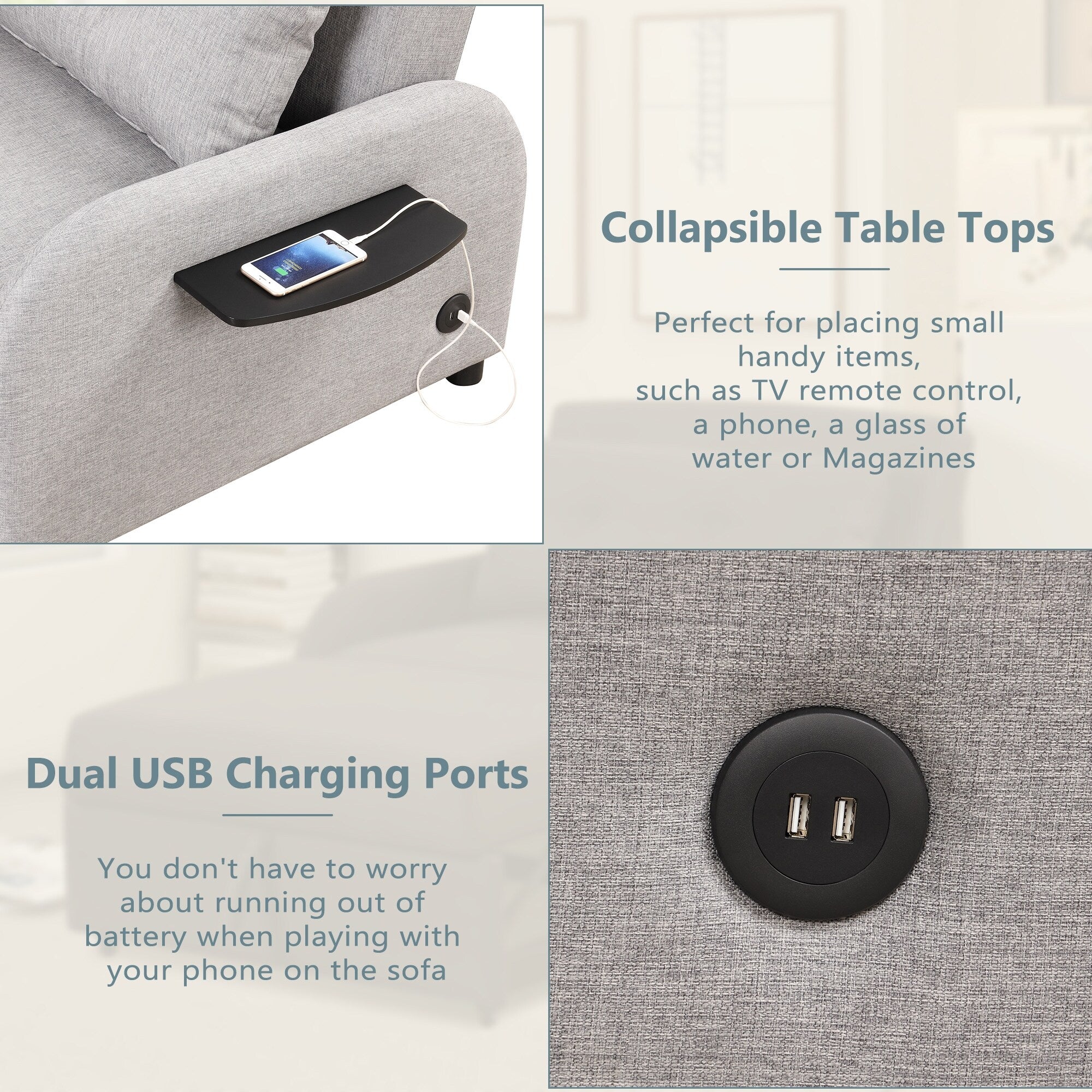 48.82-Seater Sleeper Sofa 3 in 1 with 2 Wing Table and USB Charge