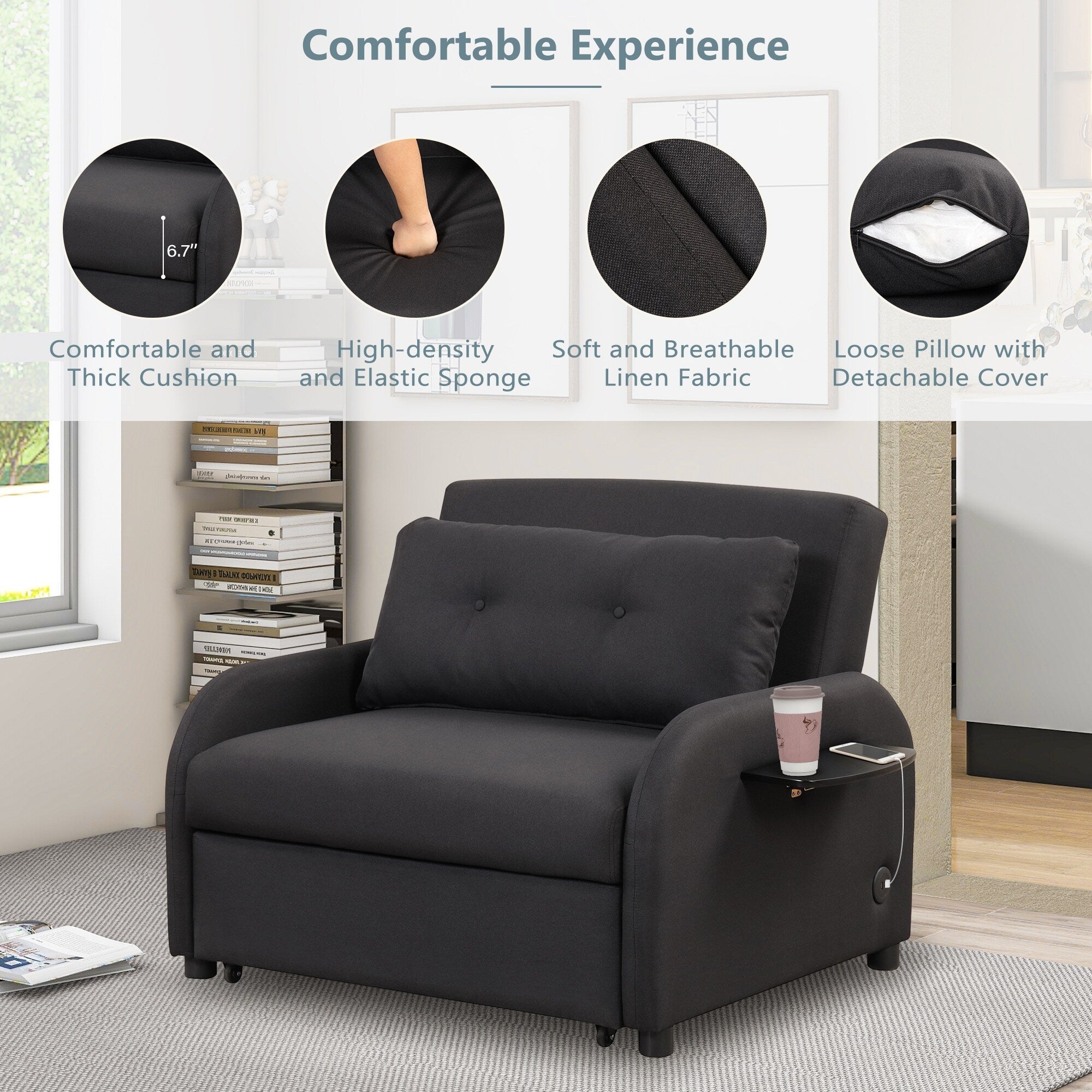 48.82-Seater Sleeper Sofa 3 in 1 with 2 Wing Table and USB Charge