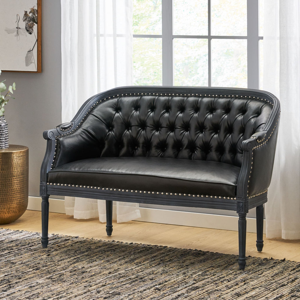 49.5 Faux Leather Loveseat Sofa with Turned Legs and Nailheads for Living Room