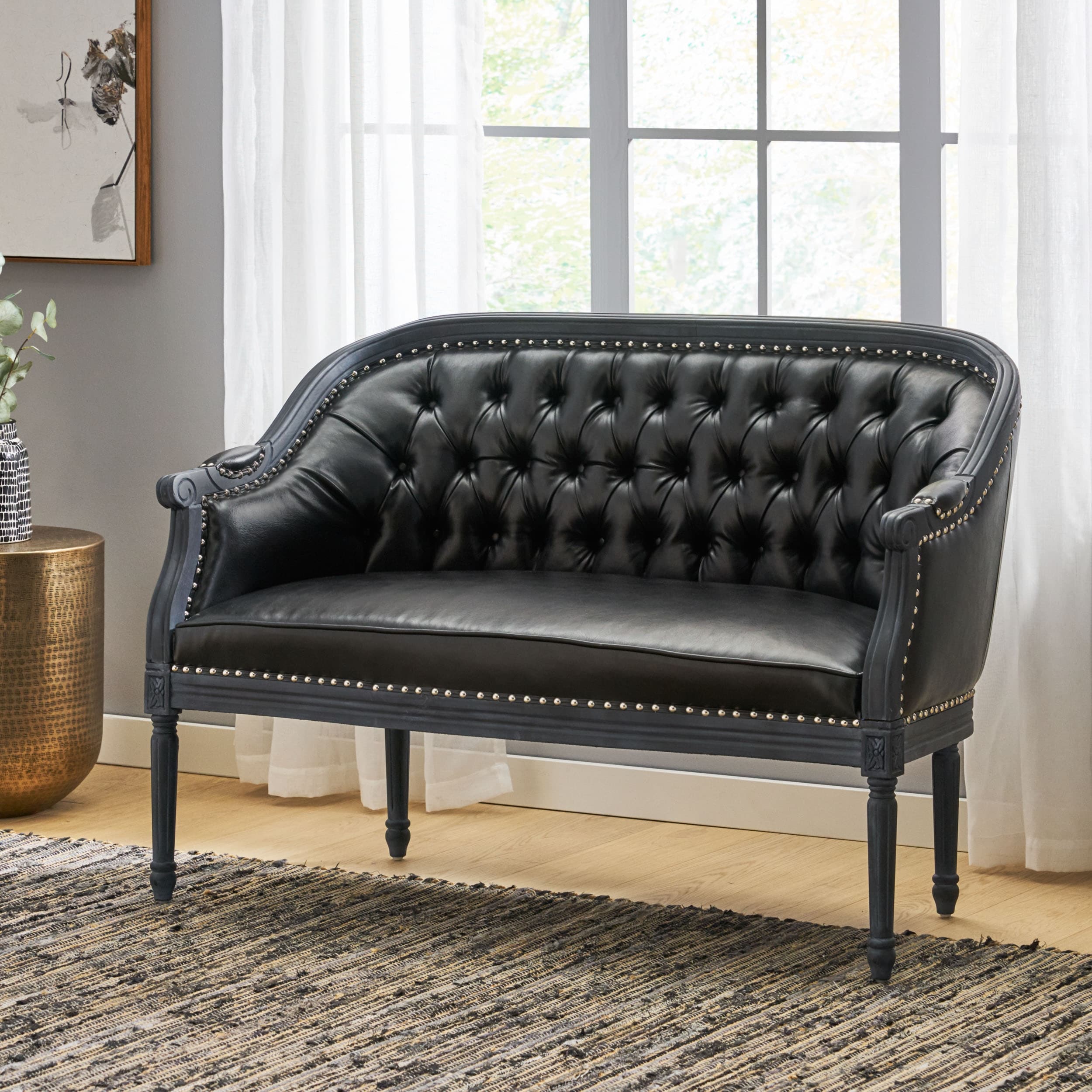 49.5 Faux Leather Loveseat Sofa with Turned Legs and Nailheads for Living Room