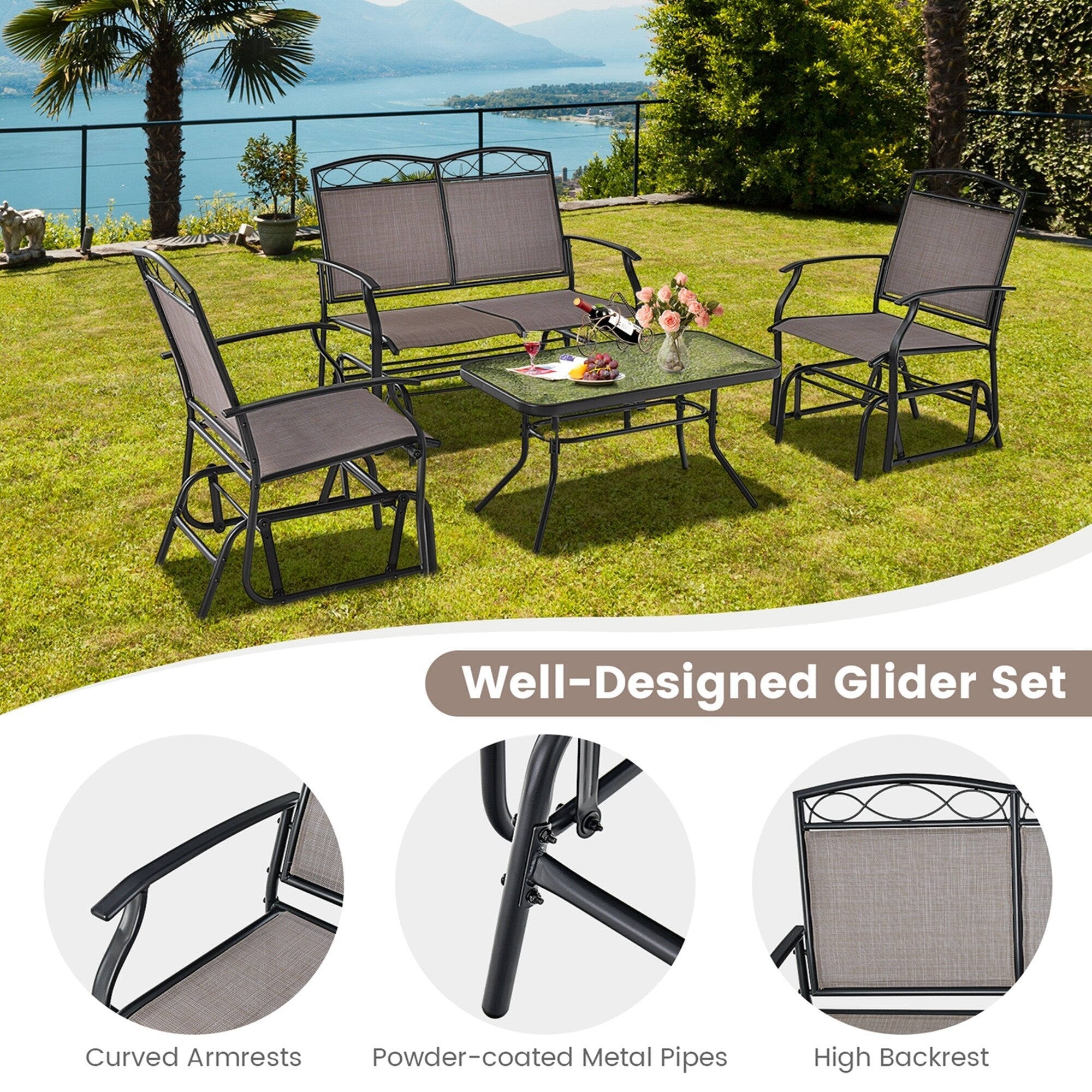 4PCS Patio Glider Conversation Set Rocking Chair Table Heavy-Duty