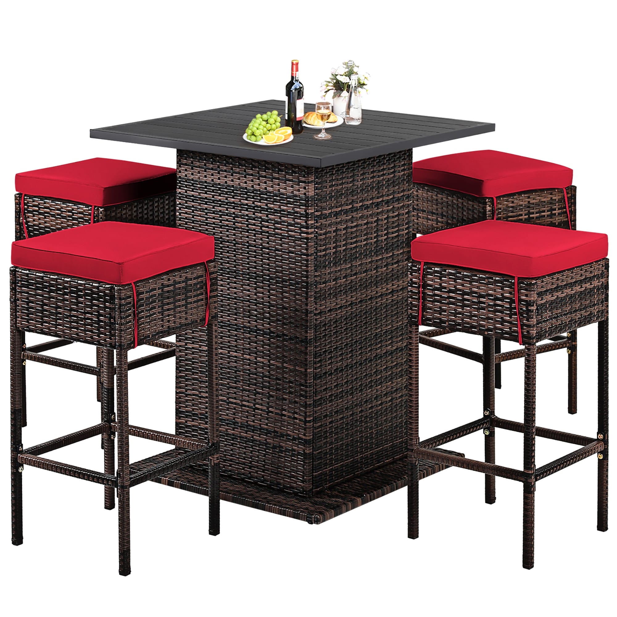 5 PCS Outdoor Rattan Bar Set Patio Bar Furniture with Cushions Stools