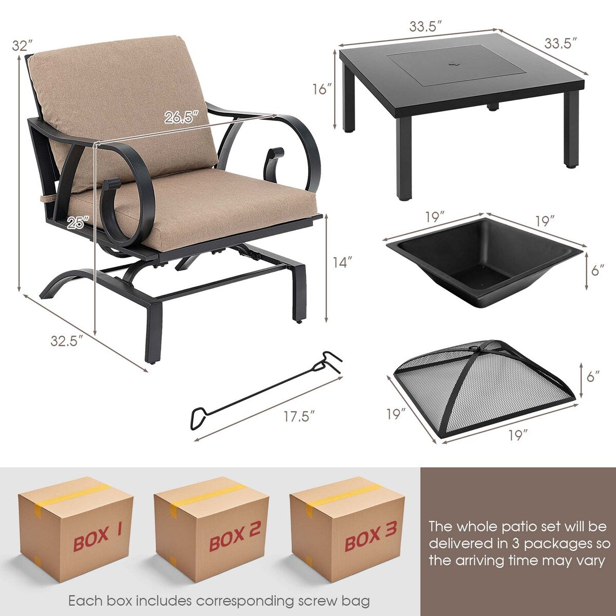 5 PCS Patio Dining Set Heavy-Duty Rocking Chairs w/ Fire Pit Table