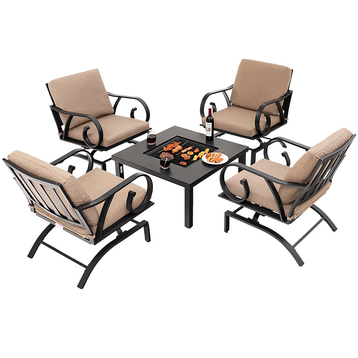 5 PCS Patio Dining Set Heavy-Duty Rocking Chairs w/ Fire Pit Table