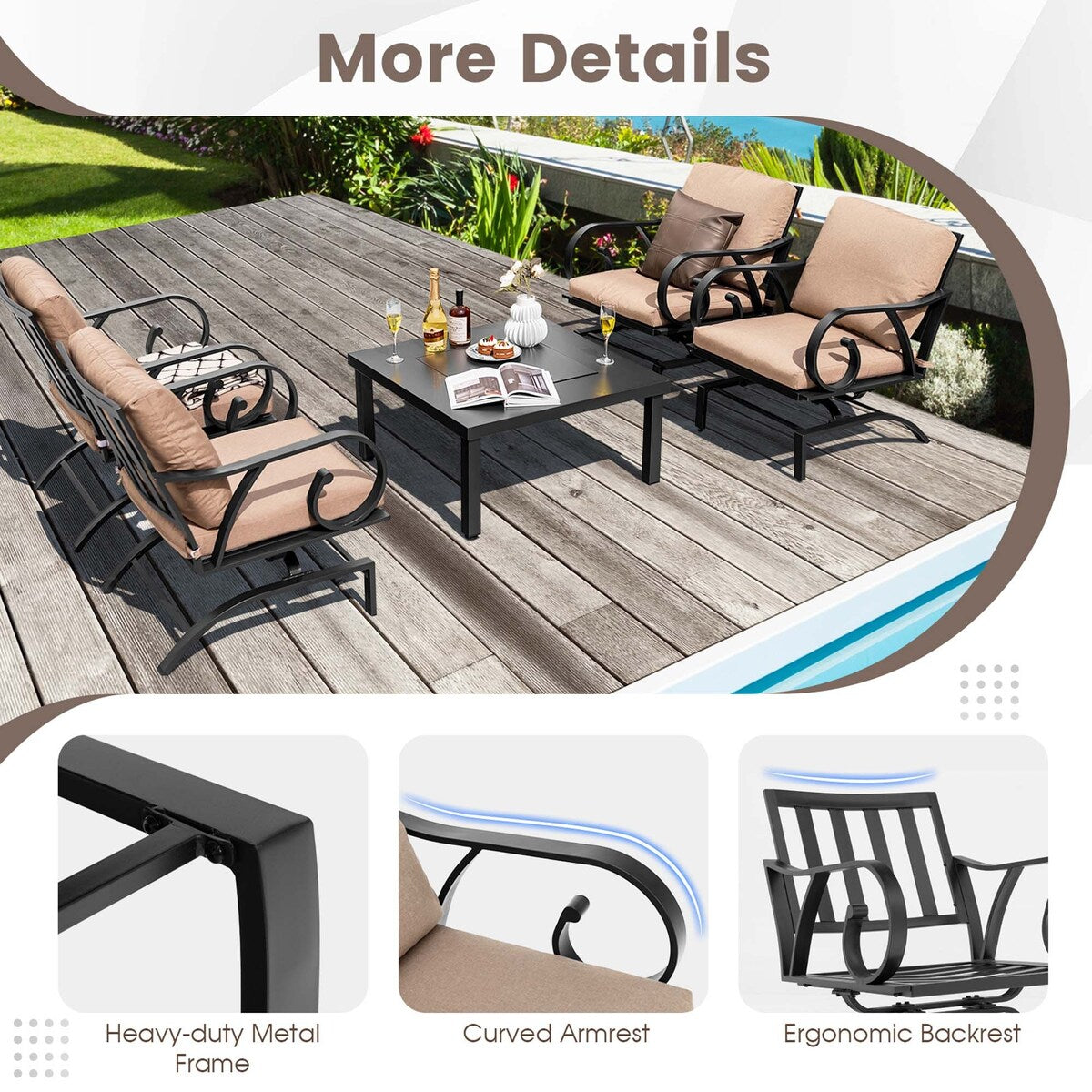 5 PCS Patio Dining Set Heavy-Duty Rocking Chairs w/ Fire Pit Table