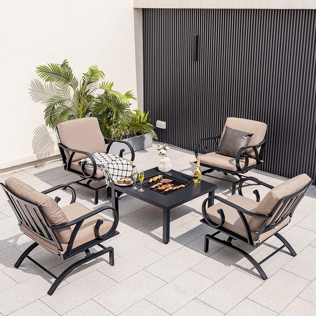 5 PCS Patio Dining Set Heavy-Duty Rocking Chairs w/ Fire Pit Table