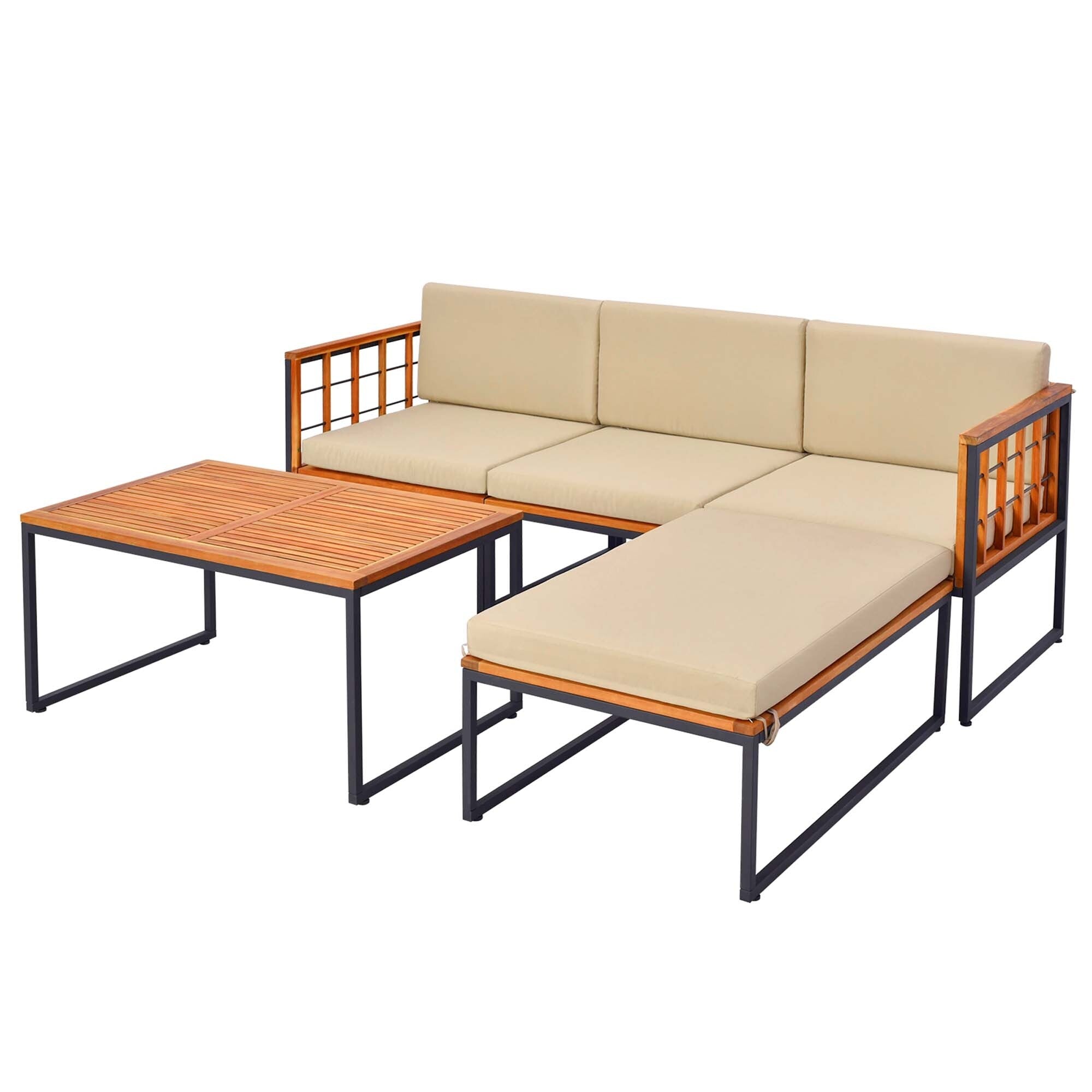 5 PCS Patio Furniture Set Acacia Wood Sectional Set with Cushions