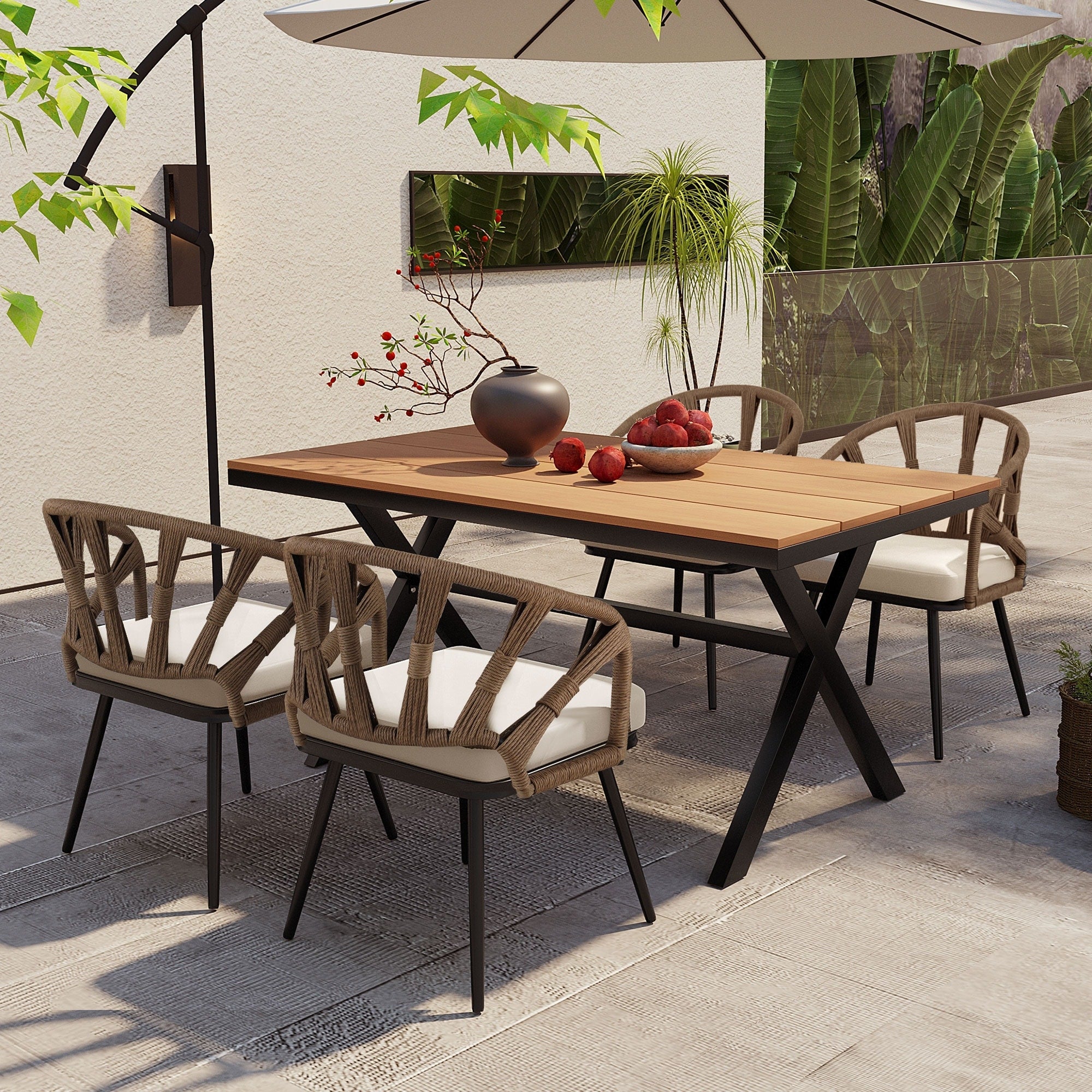 5 Pcs Outdoor Dining Table and Chairs Set, Patio Furniture Sets with PE Rattan Chairs and Rectangular Wood Table
