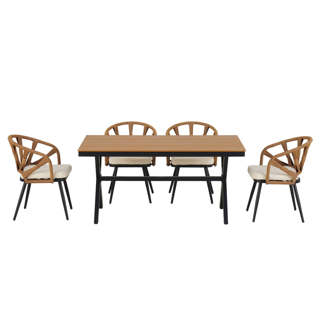 5 Pcs Outdoor Dining Table and Chairs Set, Patio Furniture Sets with PE Rattan Chairs and Rectangular Wood Table