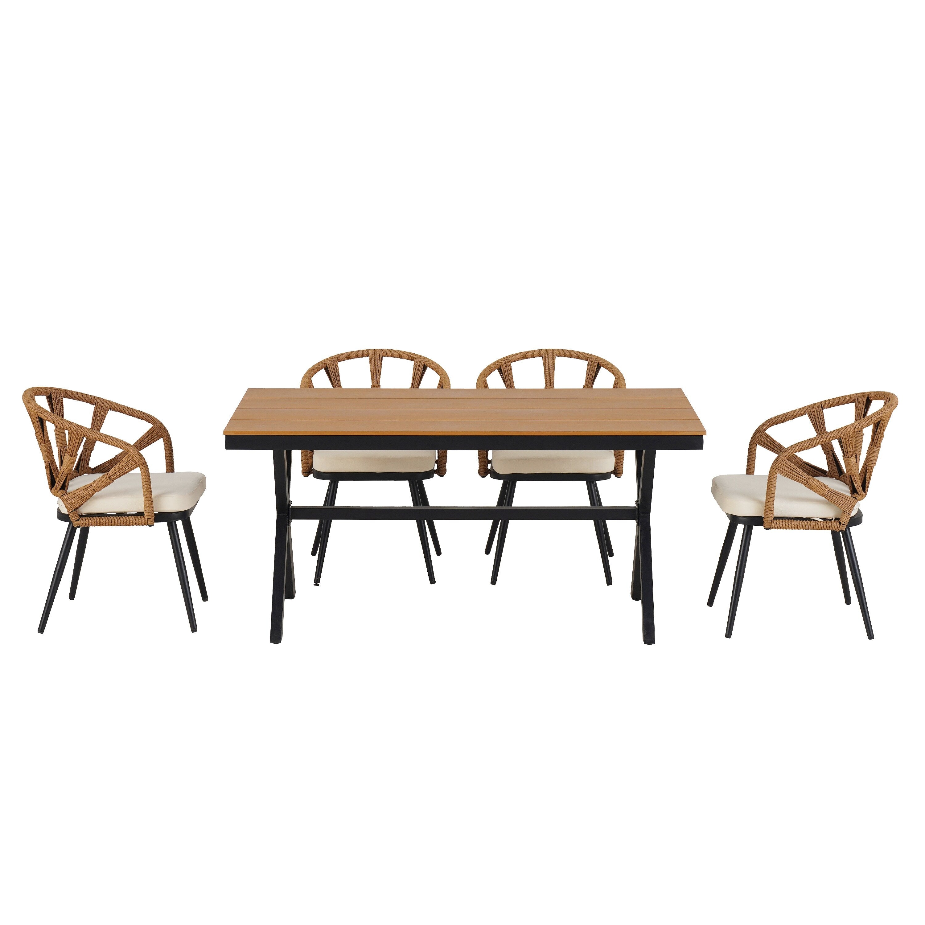 5 Pcs Outdoor Dining Table and Chairs Set, Patio Furniture Sets with PE Rattan Chairs and Rectangular Wood Table