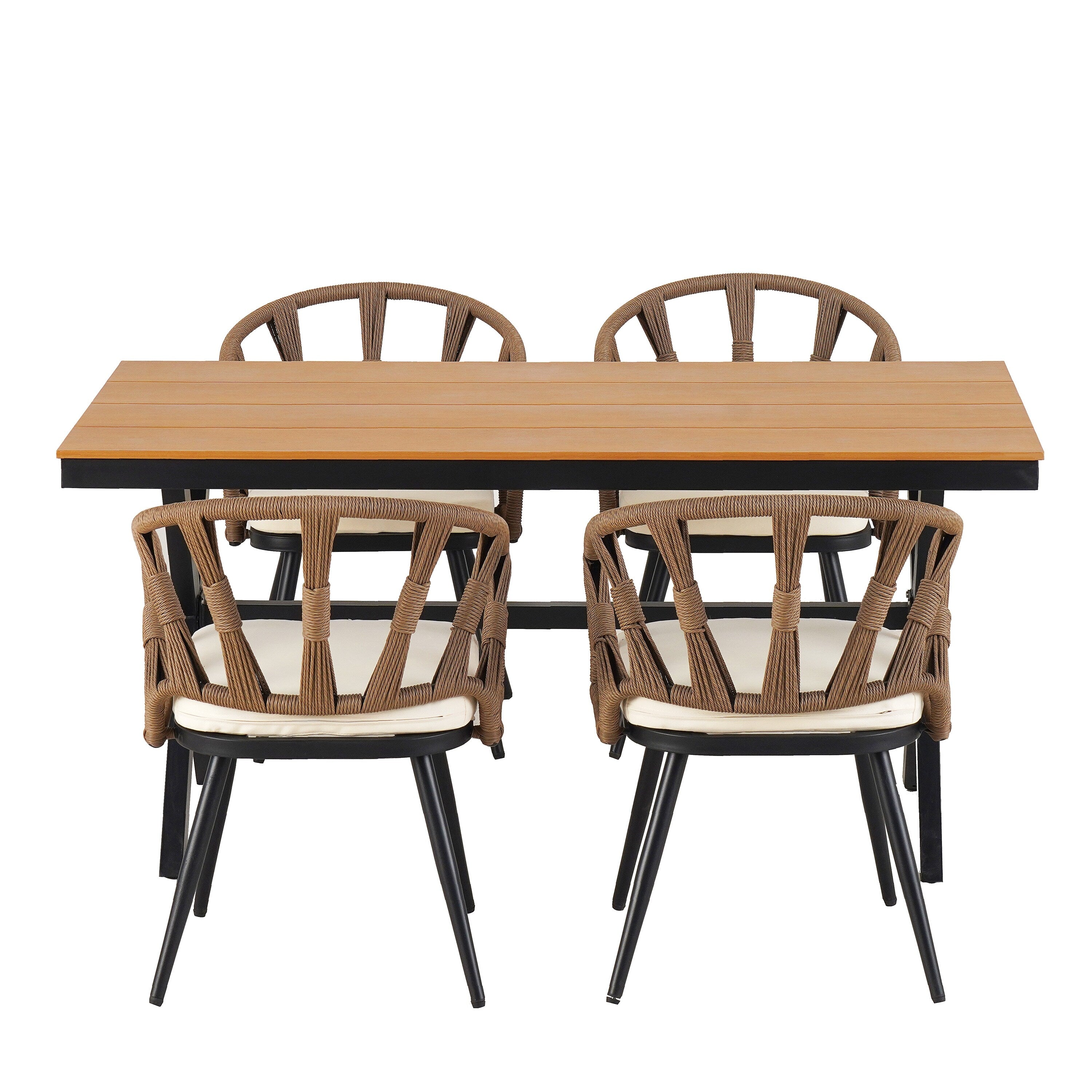 5 Pcs Outdoor Dining Table and Chairs Set, Patio Furniture Sets with PE Rattan Chairs and Rectangular Wood Table