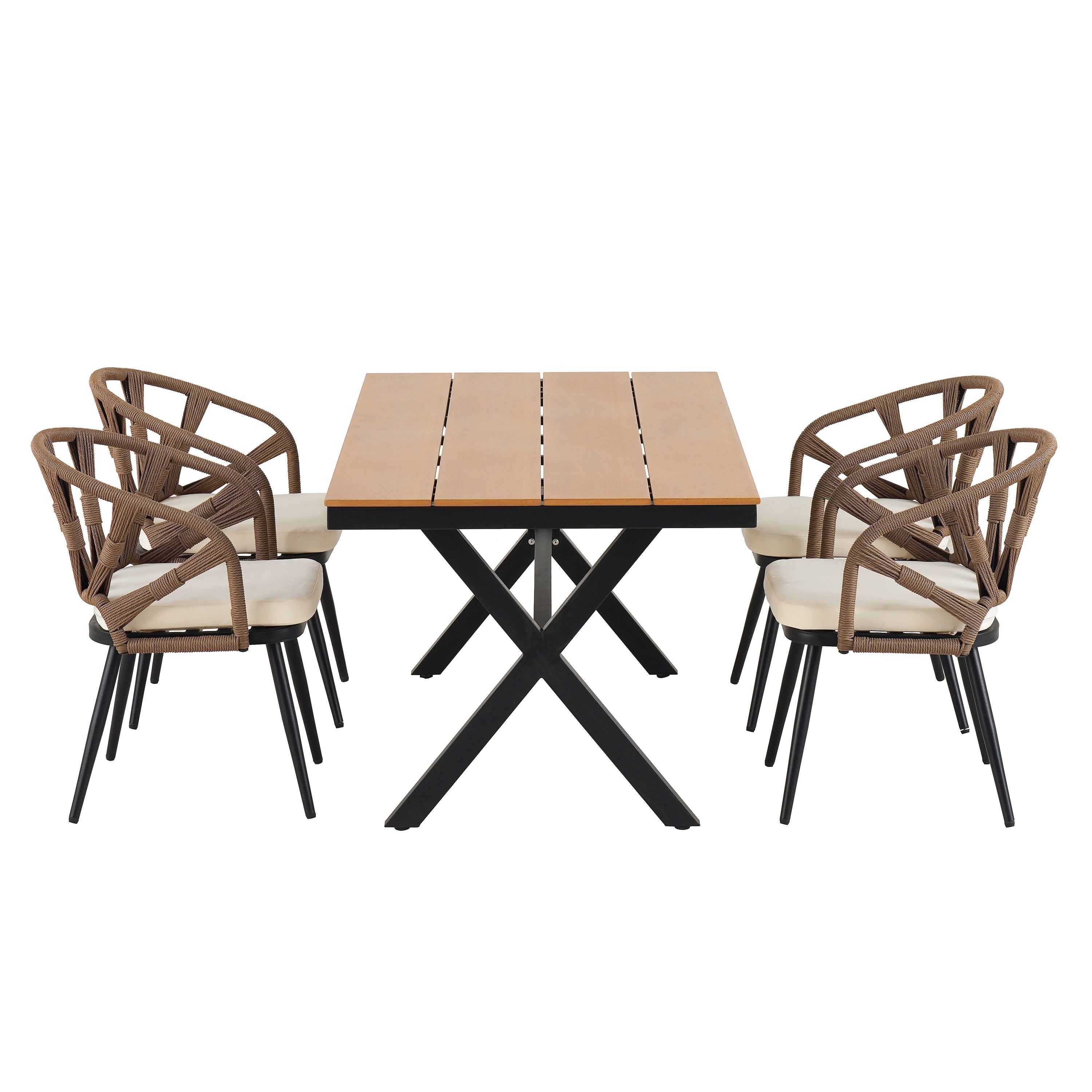 5 Pcs Outdoor Dining Table and Chairs Set, Patio Furniture Sets with PE Rattan Chairs and Rectangular Wood Table
